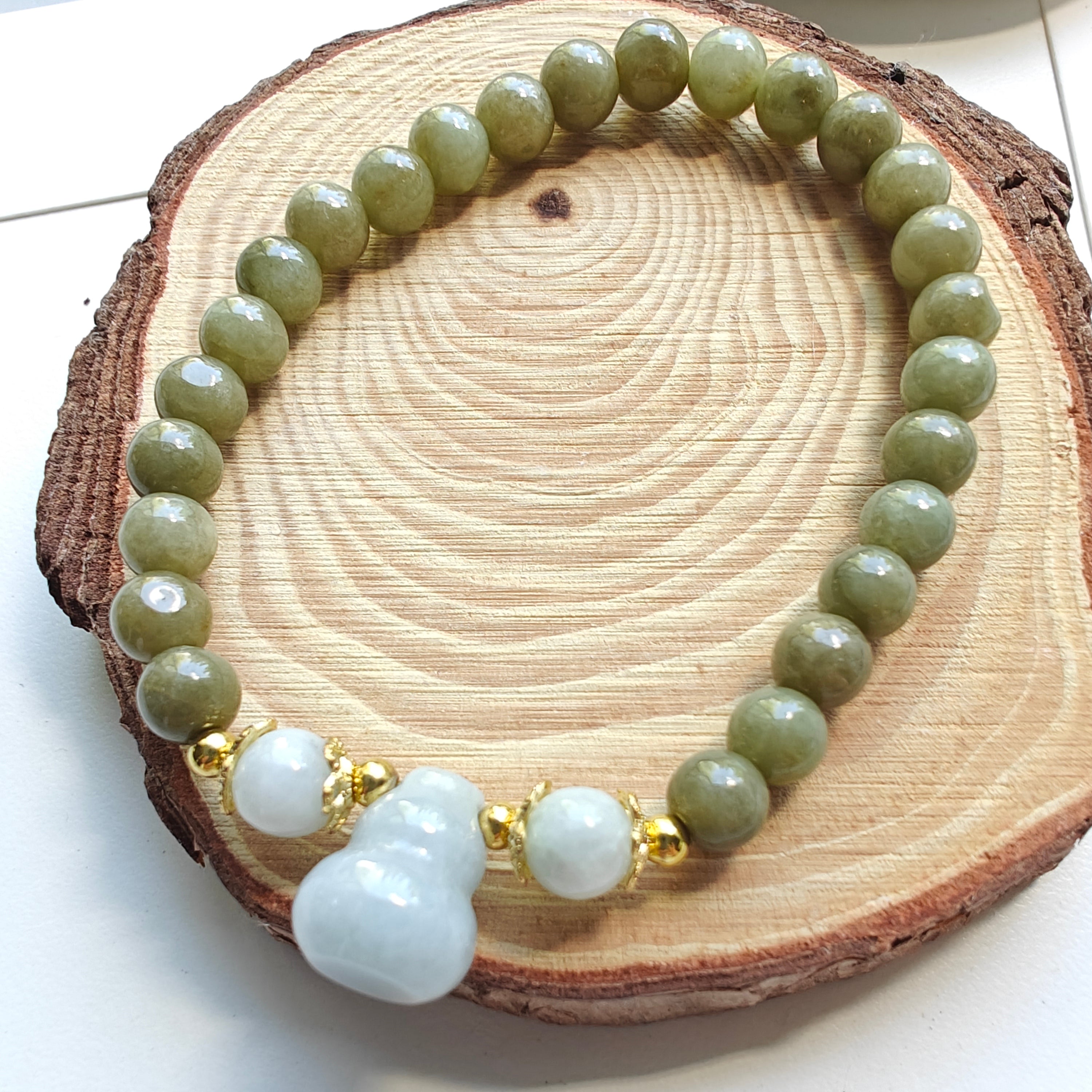 Burmese Jadeite Hulu Bracelet | Natural Jade Stretch Bracelet | 5.9mm Beads Lucky Gourd Charm Jewelry