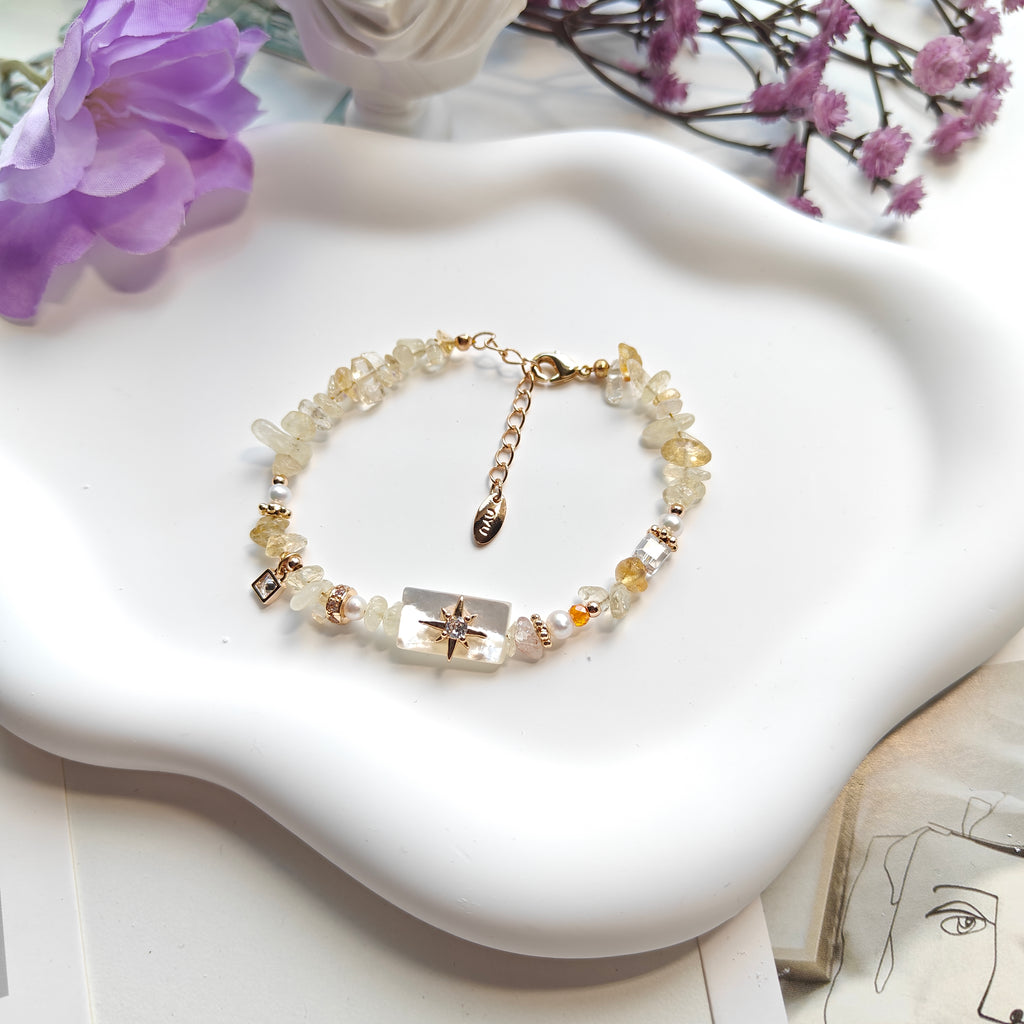 🌿 Freshwater Pearl & Citrine Mother of Pearl Bracelet | 14K Gold Plated Adjustable Bracelet