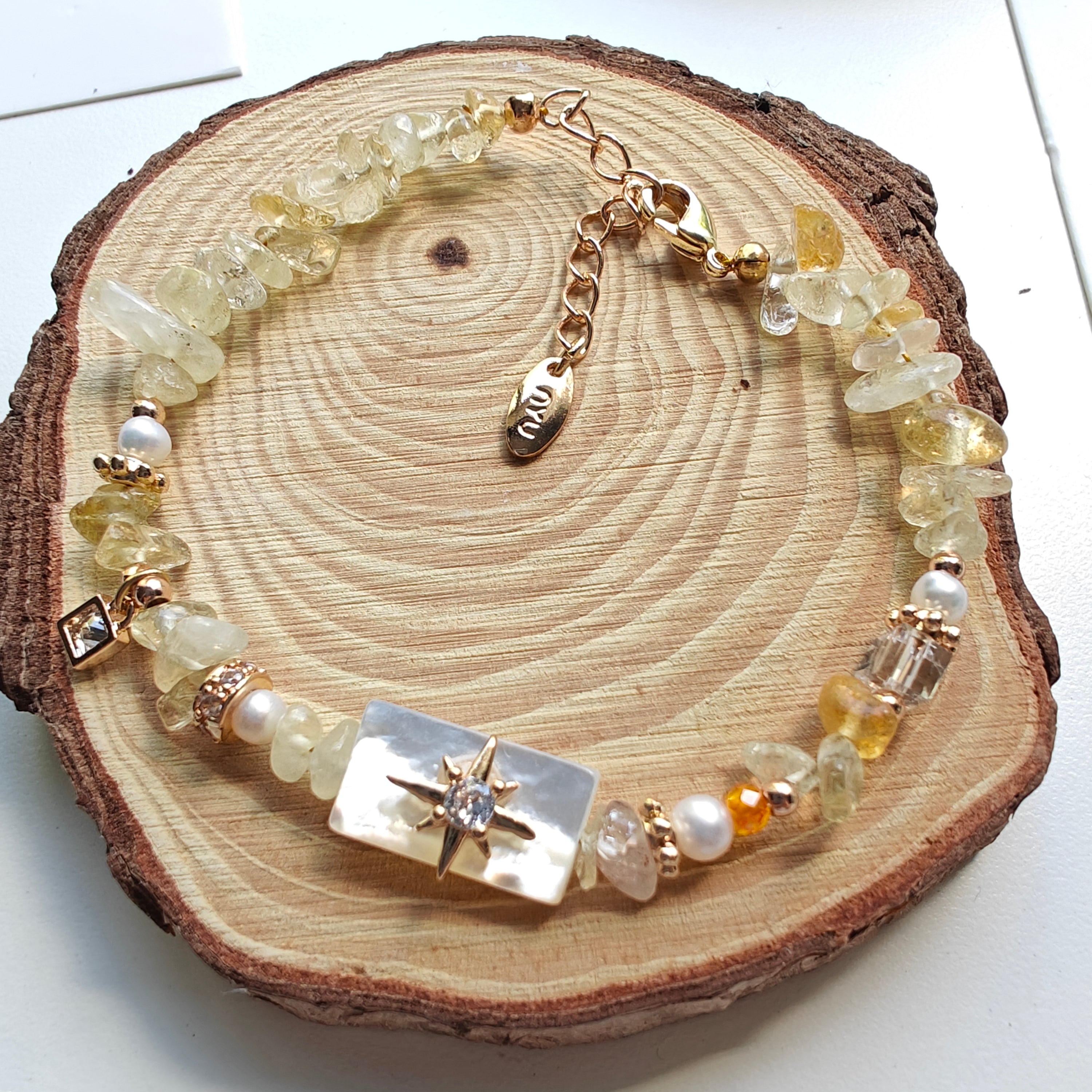 🌿 Freshwater Pearl & Citrine Mother of Pearl Bracelet | 14K Gold Plated Adjustable Bracelet
