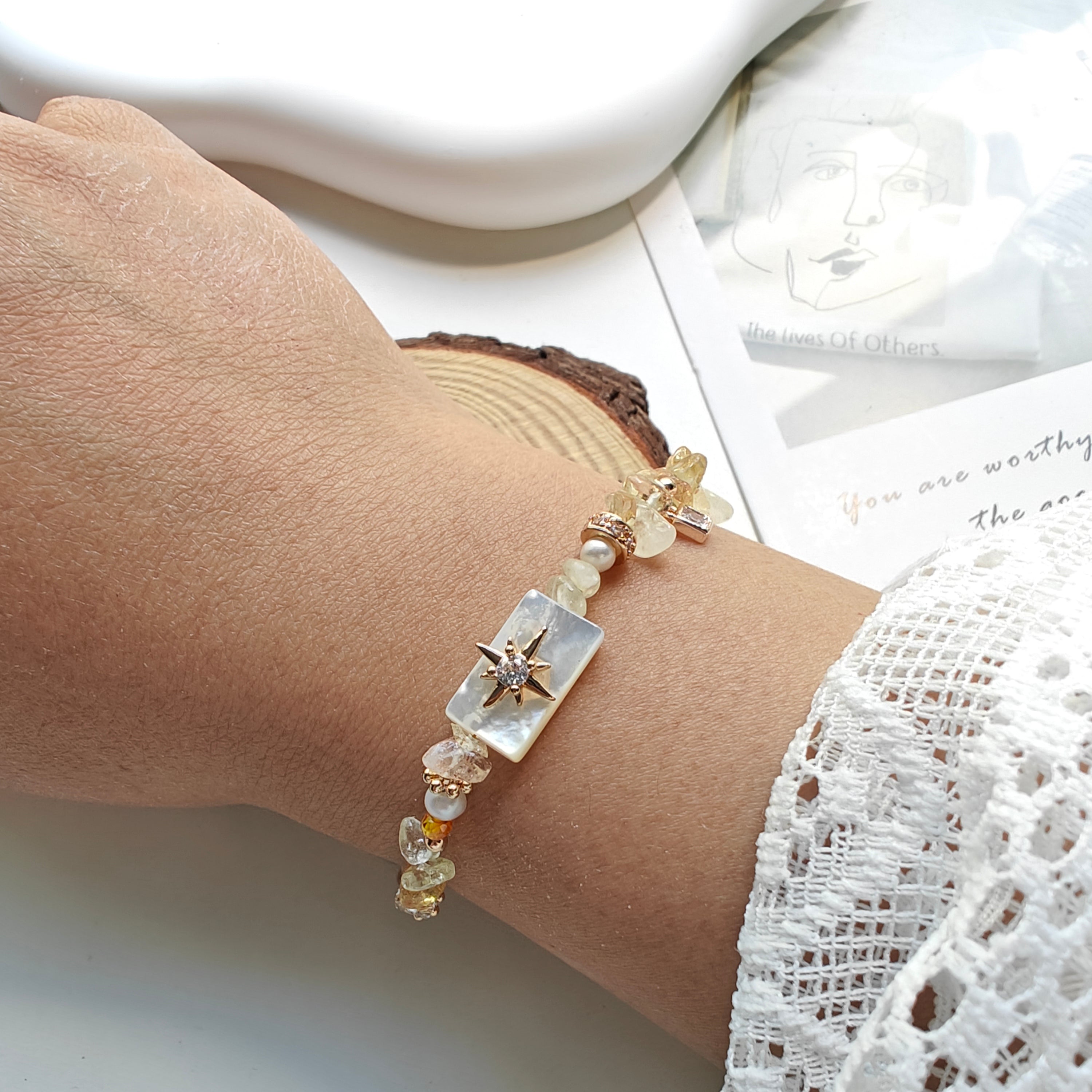 🌿 Freshwater Pearl & Citrine Mother of Pearl Bracelet | 14K Gold Plated Adjustable Bracelet