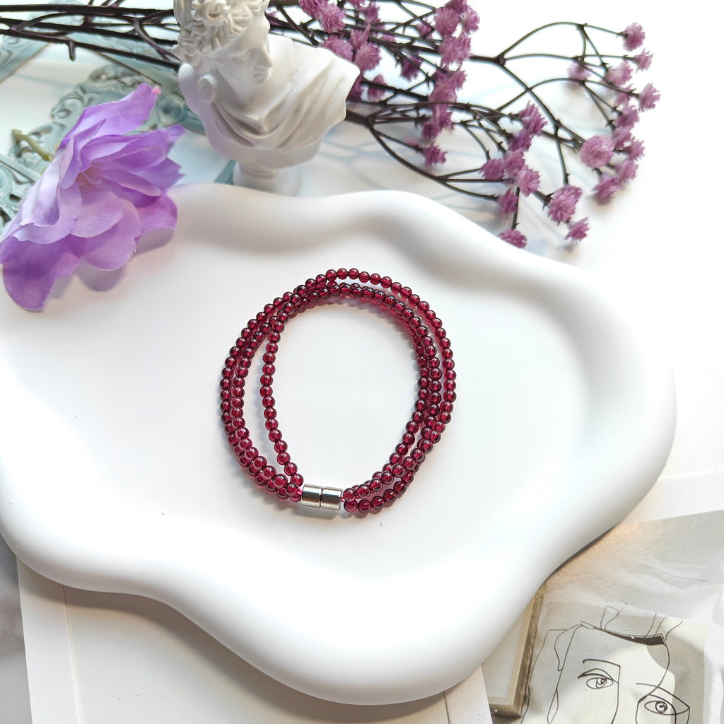 Triple-Layer Garnet Bracelet | Natural Garnet Multi-Strand Bracelet with Magnetic Clasp
