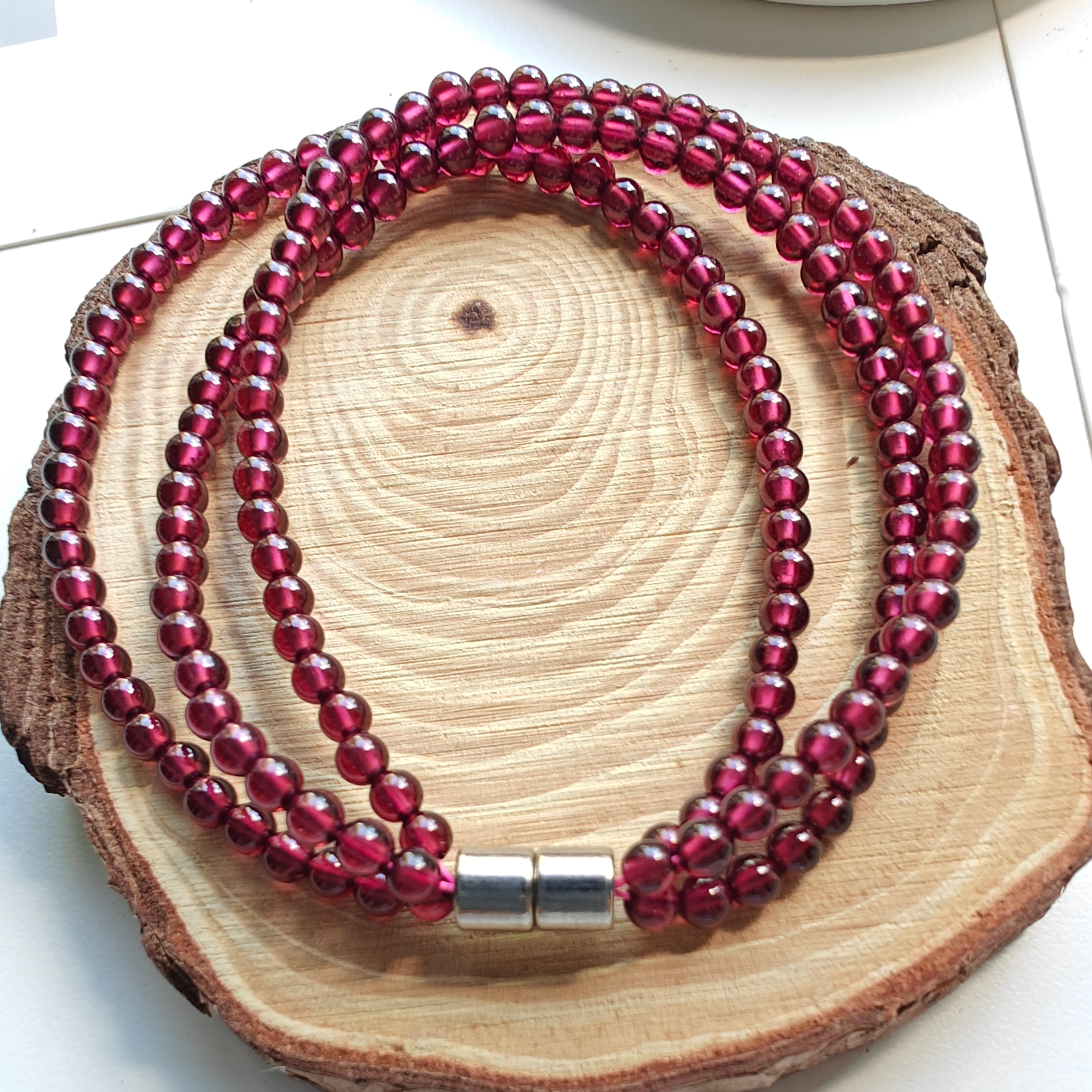 Triple-Layer Garnet Bracelet | Natural Garnet Multi-Strand Bracelet with Magnetic Clasp