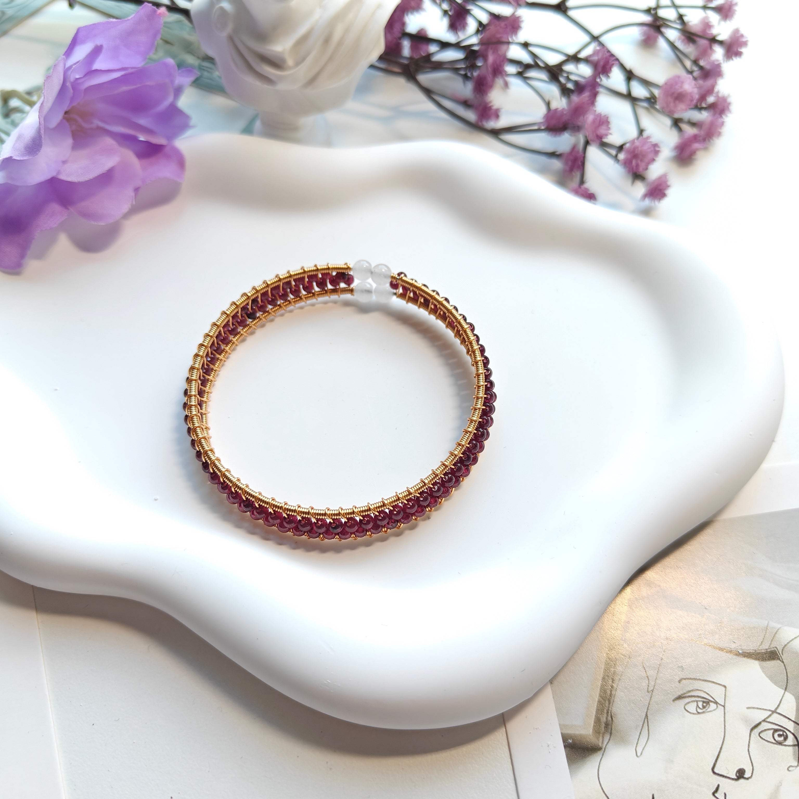 Garnet & Agate Memory Wire Cuff Bracelet | Double-Layer Gemstone Open Bangle