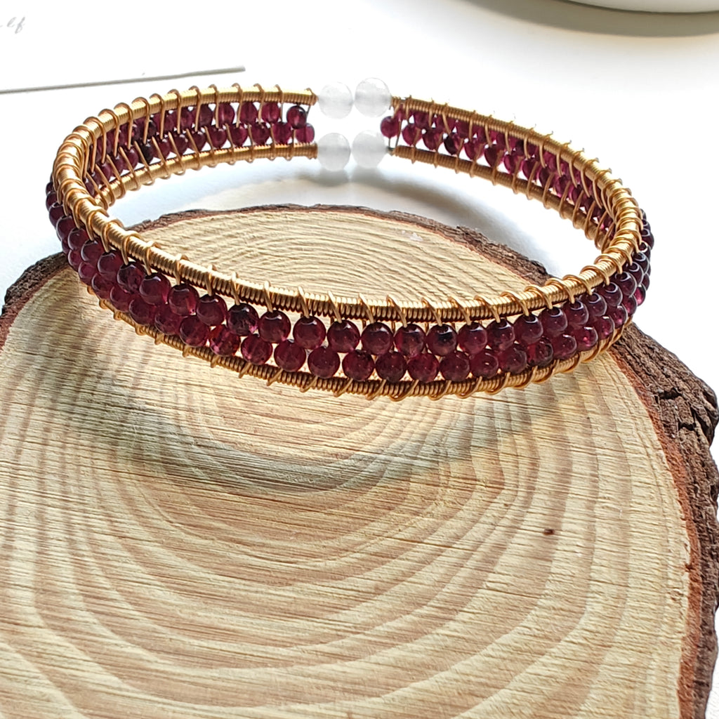 Garnet & Agate Memory Wire Cuff Bracelet | Double-Layer Gemstone Open Bangle