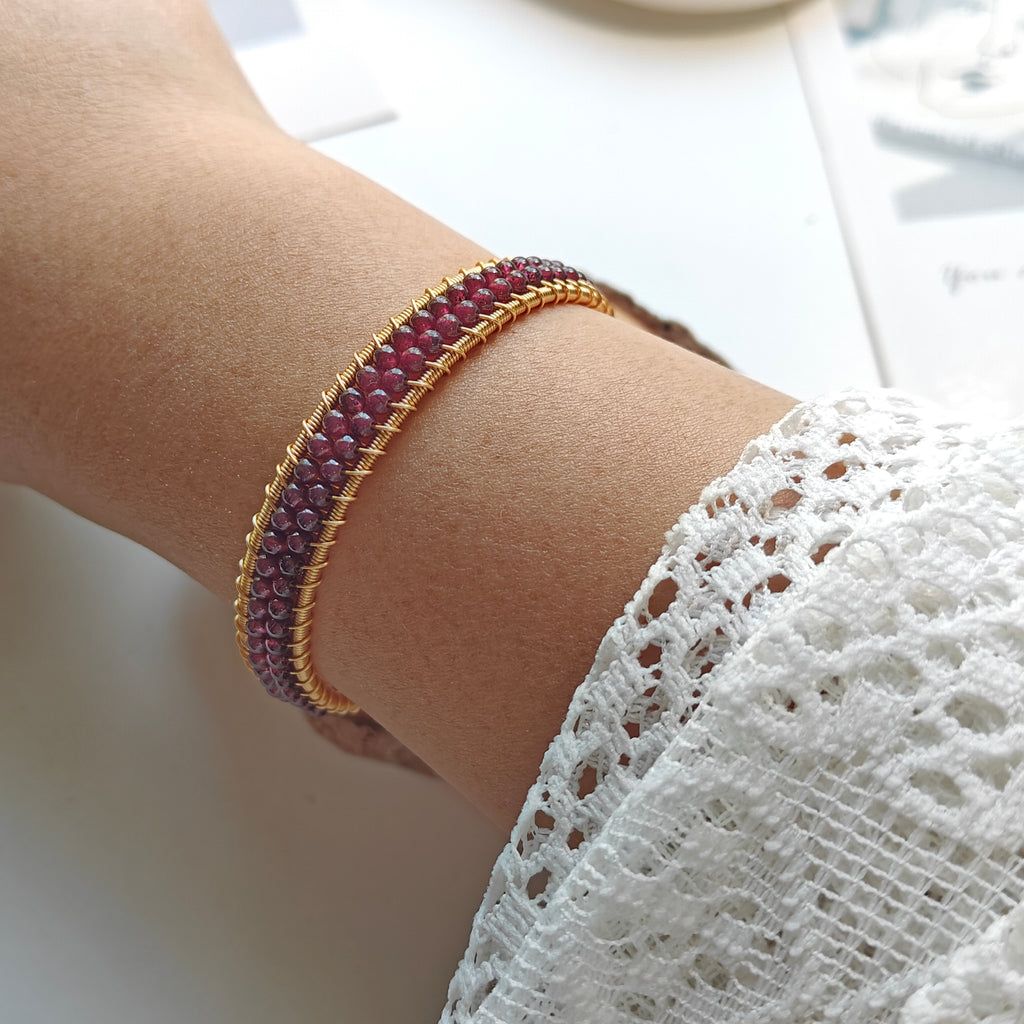 Garnet & Agate Memory Wire Cuff Bracelet | Double-Layer Gemstone Open Bangle