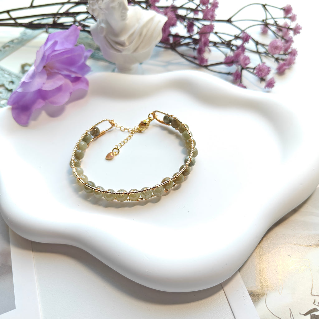 Jade & Rose Quartz Cuff Bracelet | 14K Gold Plated Adjustable Open Bangle | Handwired Gemstone Jewelry