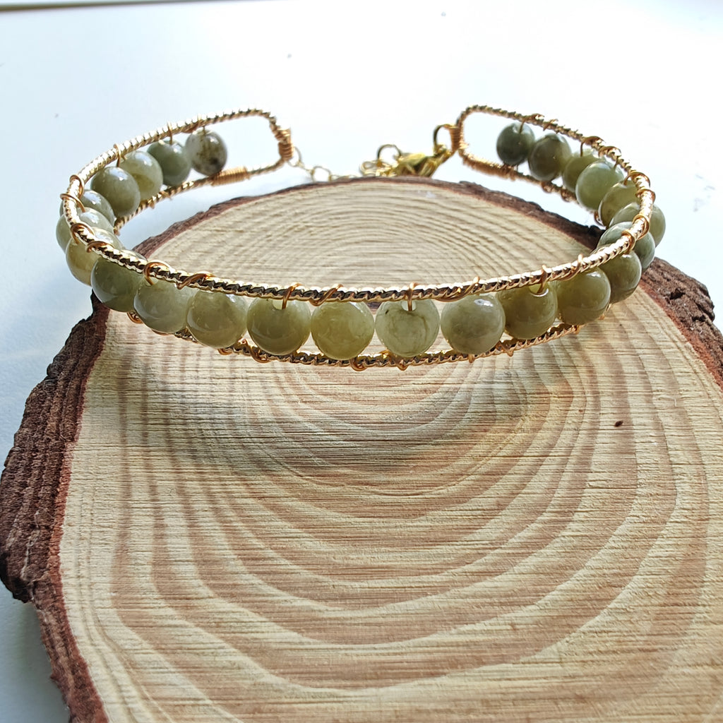 Jade & Rose Quartz Cuff Bracelet | 14K Gold Plated Adjustable Open Bangle | Handwired Gemstone Jewelry