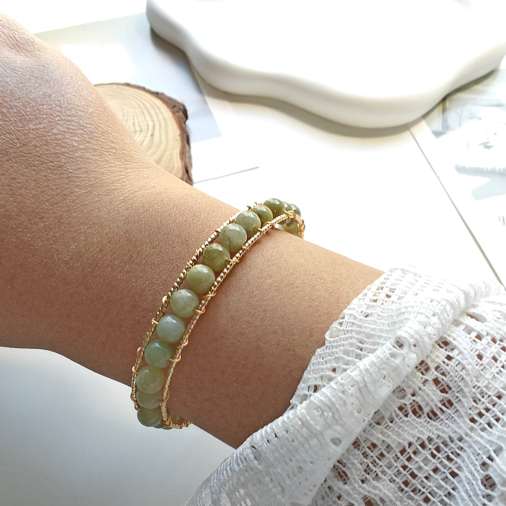 Jade & Rose Quartz Cuff Bracelet | 14K Gold Plated Adjustable Open Bangle | Handwired Gemstone Jewelry