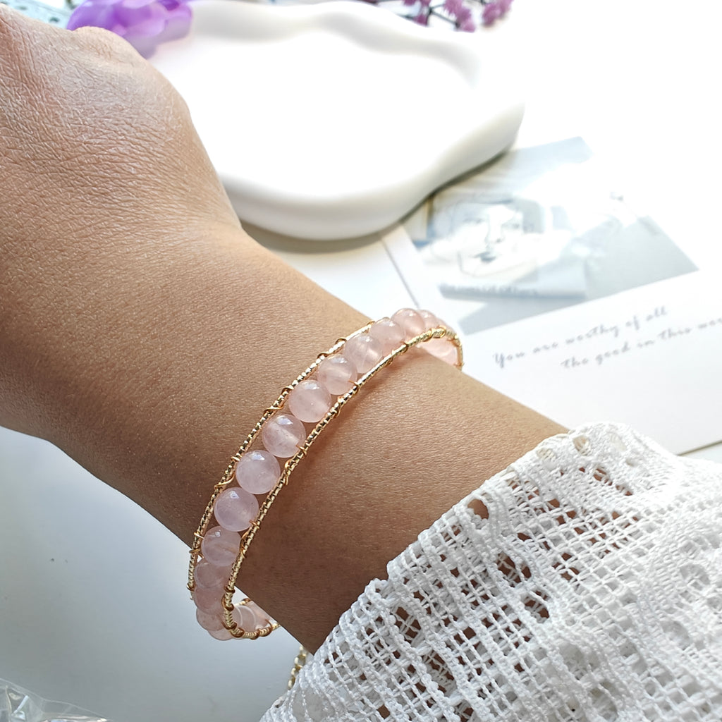 Jade & Rose Quartz Cuff Bracelet | 14K Gold Plated Adjustable Open Bangle | Handwired Gemstone Jewelry
