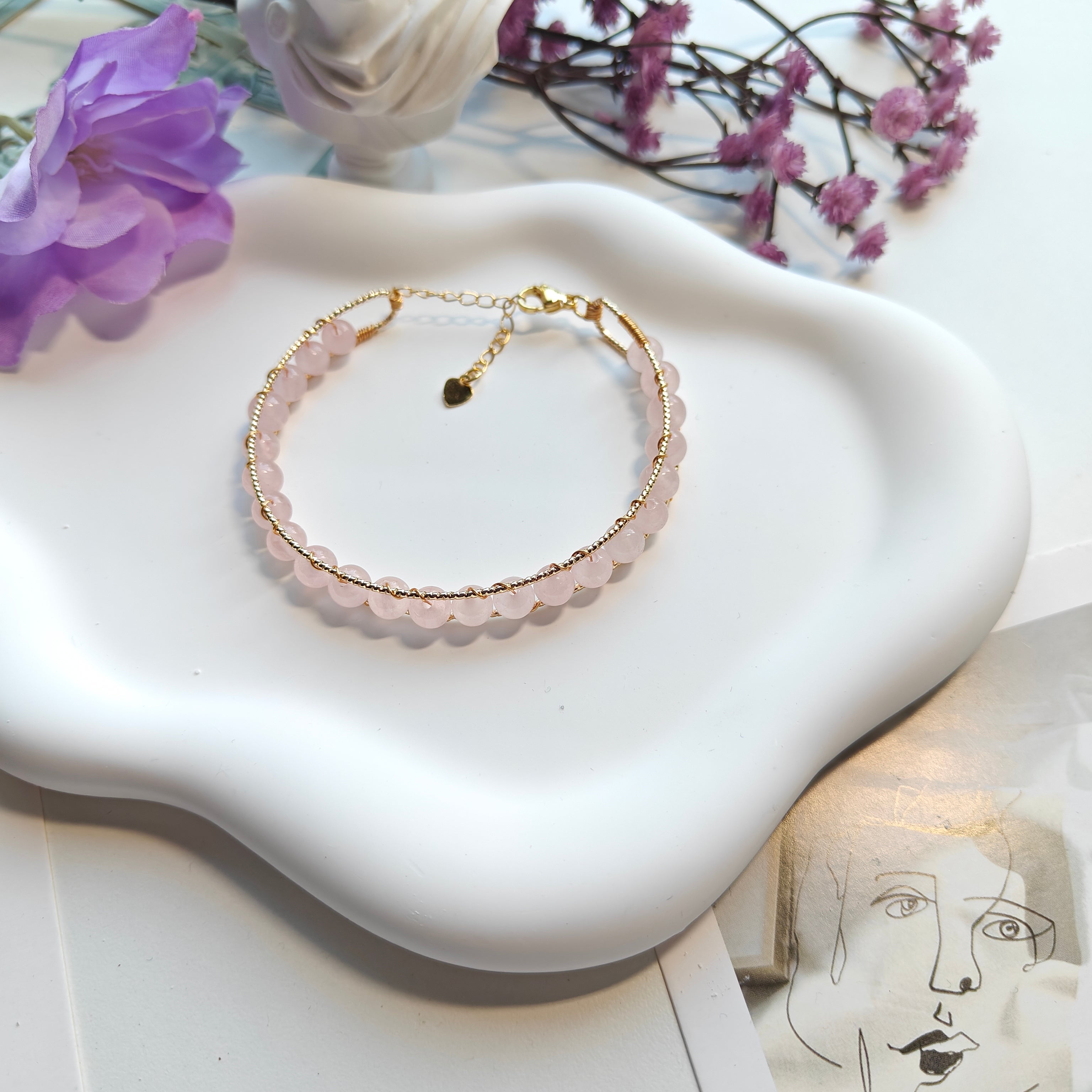 Jade & Rose Quartz Cuff Bracelet | 14K Gold Plated Adjustable Open Bangle | Handwired Gemstone Jewelry