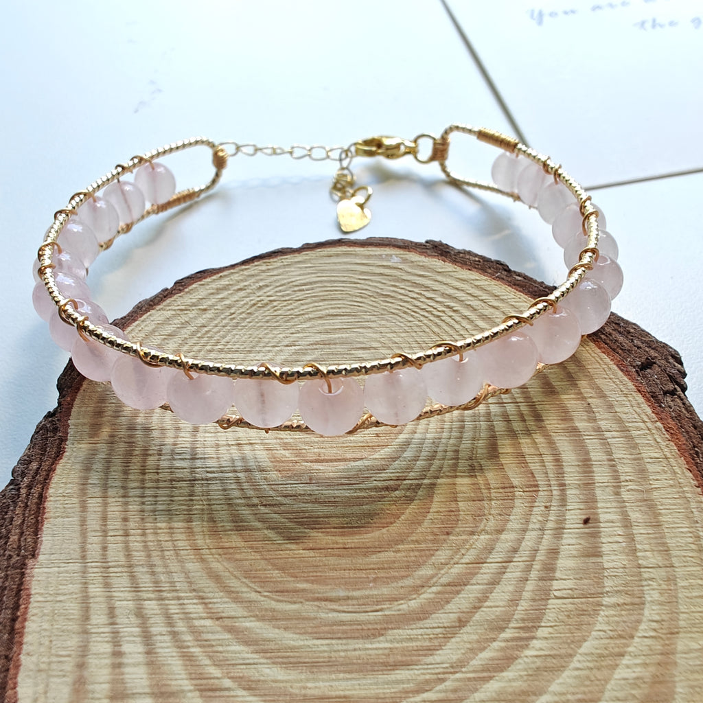 Jade & Rose Quartz Cuff Bracelet | 14K Gold Plated Adjustable Open Bangle | Handwired Gemstone Jewelry