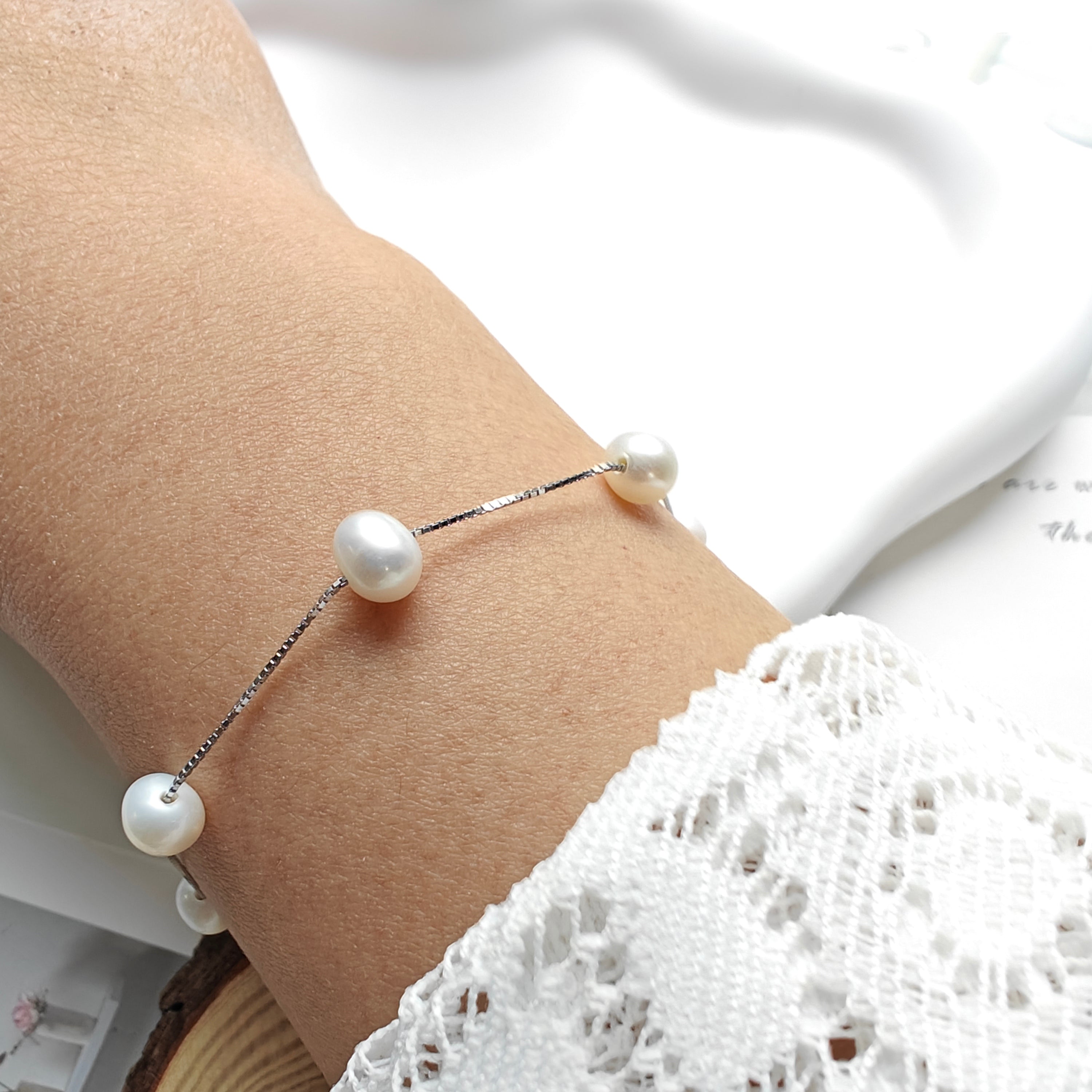 🤍 Minimalist Freshwater Pearl Bracelet | S925 Sterling Silver “Starlight” Dainty Pearl Chain Bracelet