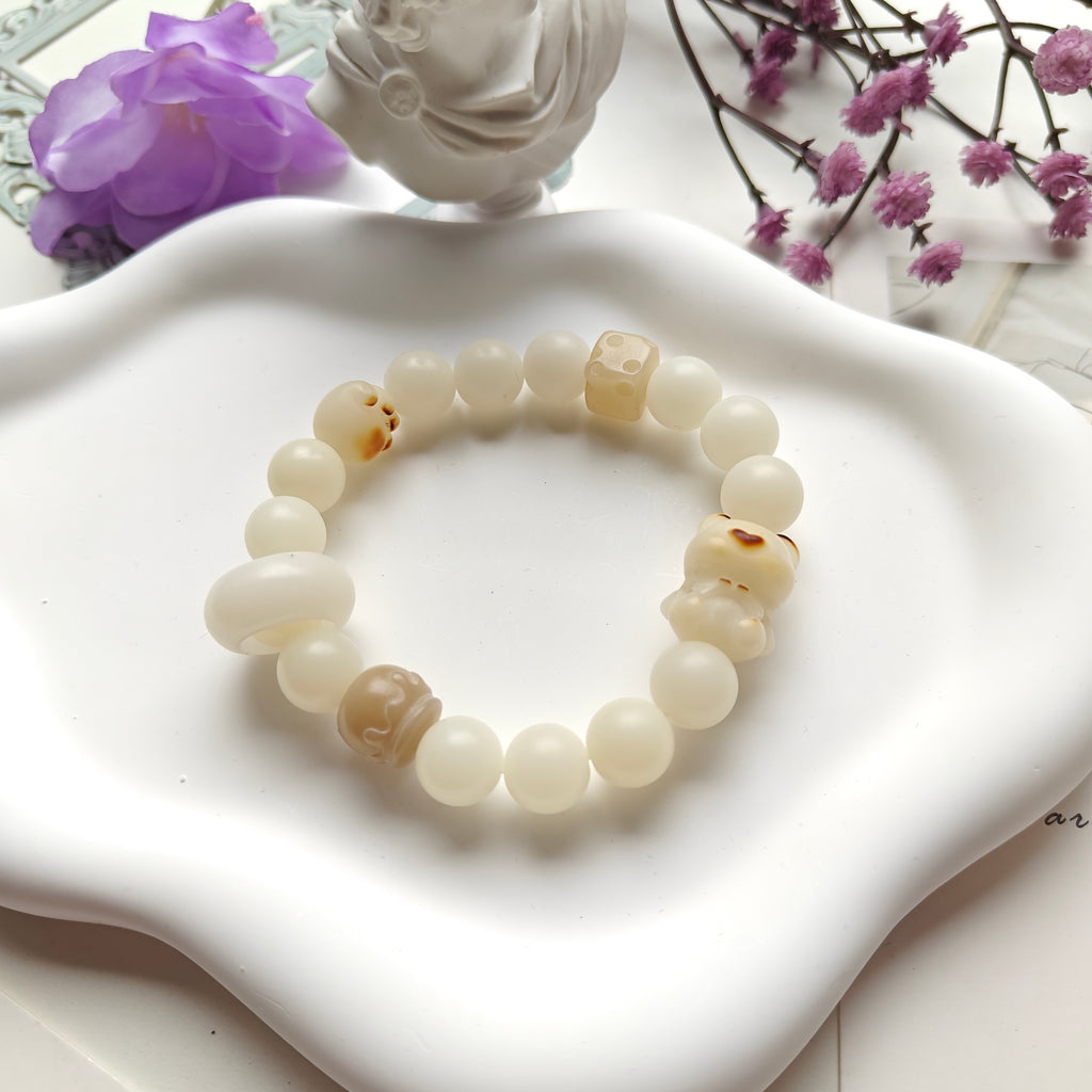 Bodhi Bear Bracelet – Hand-Carved Bodhi Seed Bracelet with Bear & Honey Jar Charms