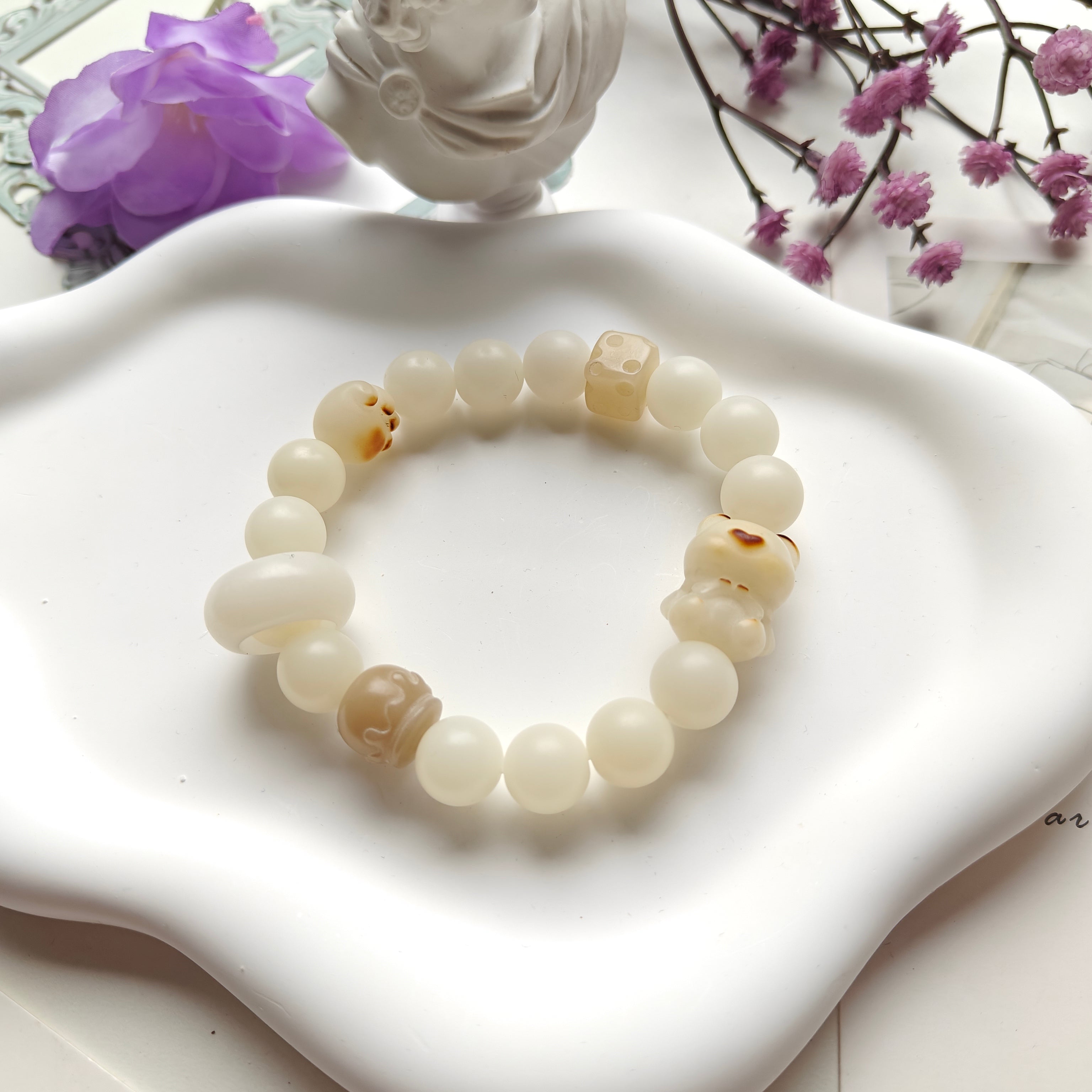 Bodhi Bear Bracelet – Hand-Carved Bodhi Seed Bracelet with Bear & Honey Jar Charms