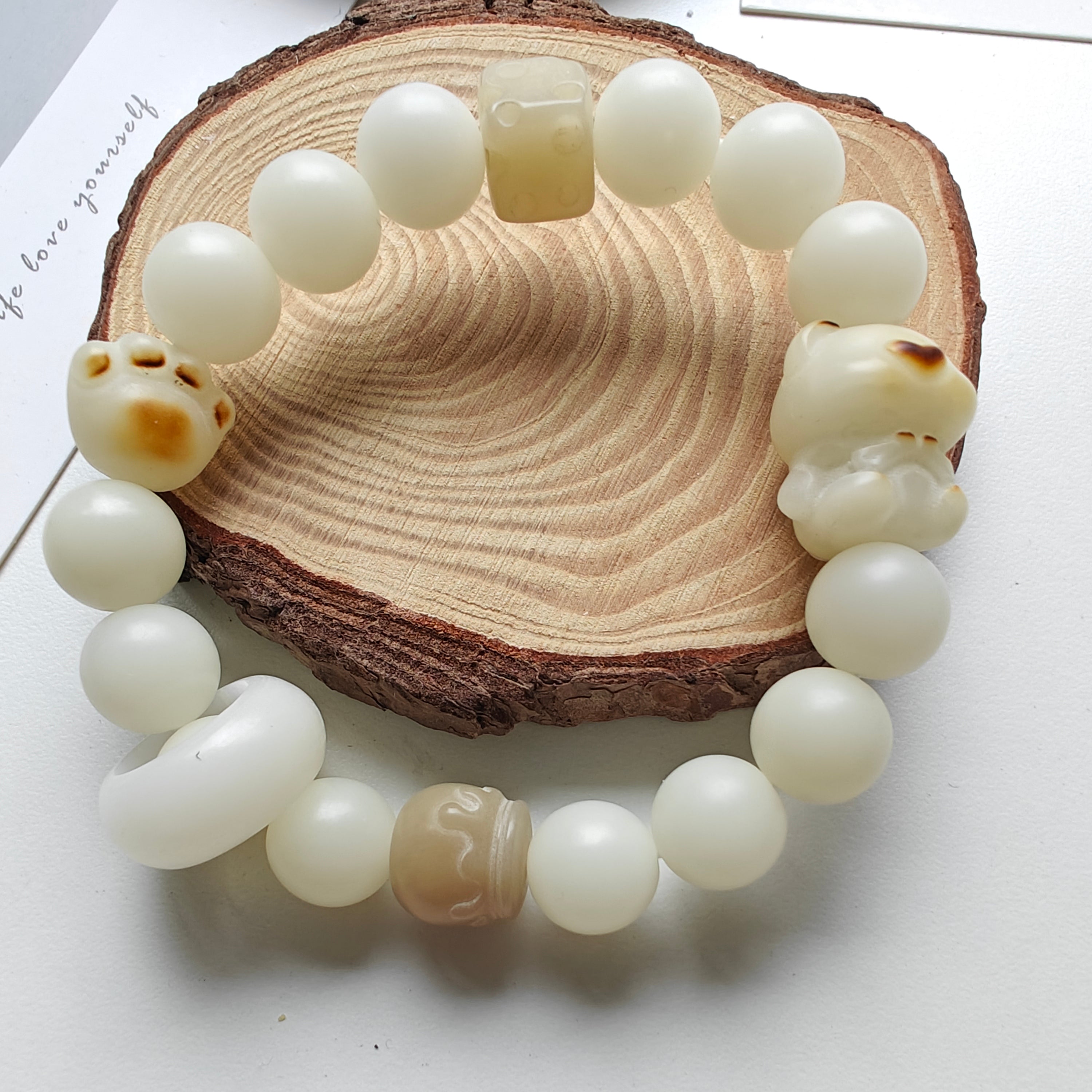 Bodhi Bear Bracelet – Hand-Carved Bodhi Seed Bracelet with Bear & Honey Jar Charms