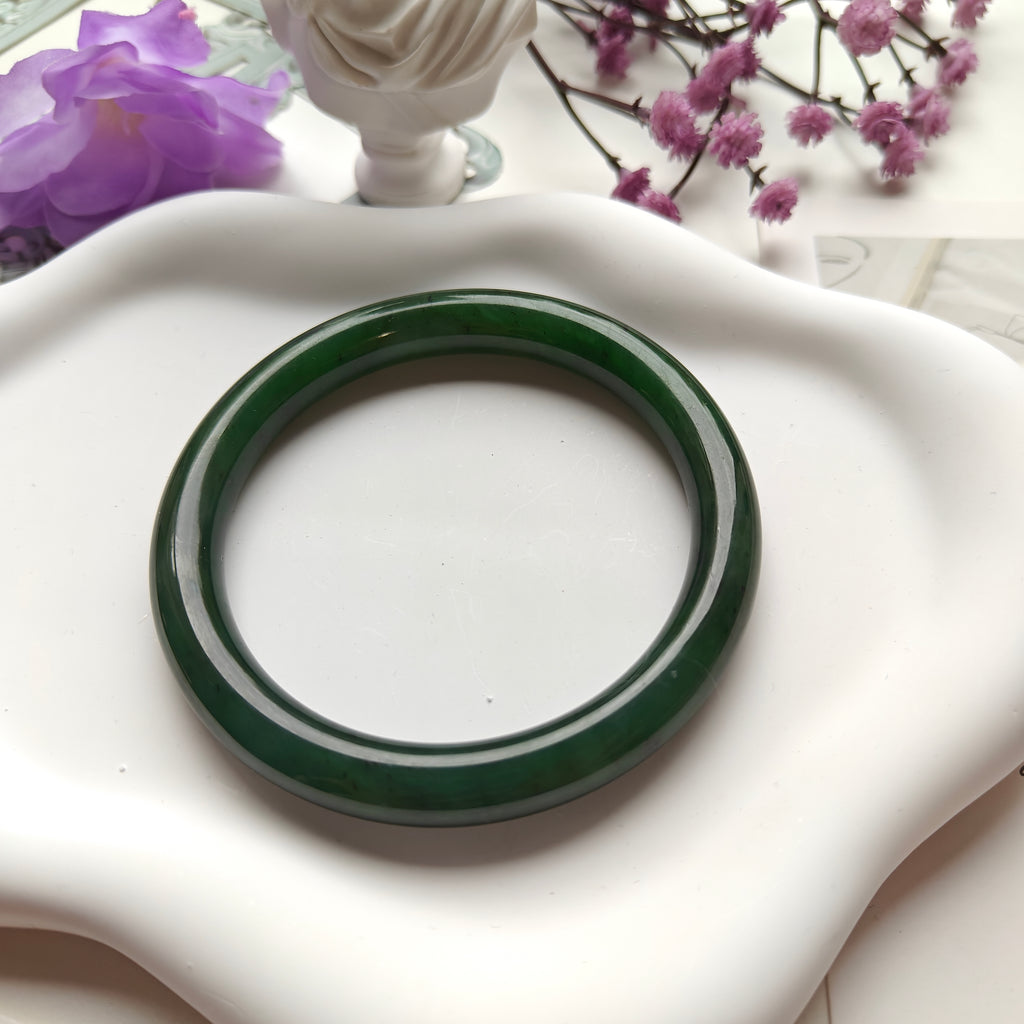 Dark Green Jade Bangle | Natural Jade Bracelet | 60.6mm Handcrafted Jade Jewelry