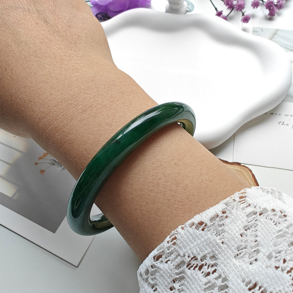 Dark Green Jade Bangle | Natural Jade Bracelet | 60.6mm Handcrafted Jade Jewelry