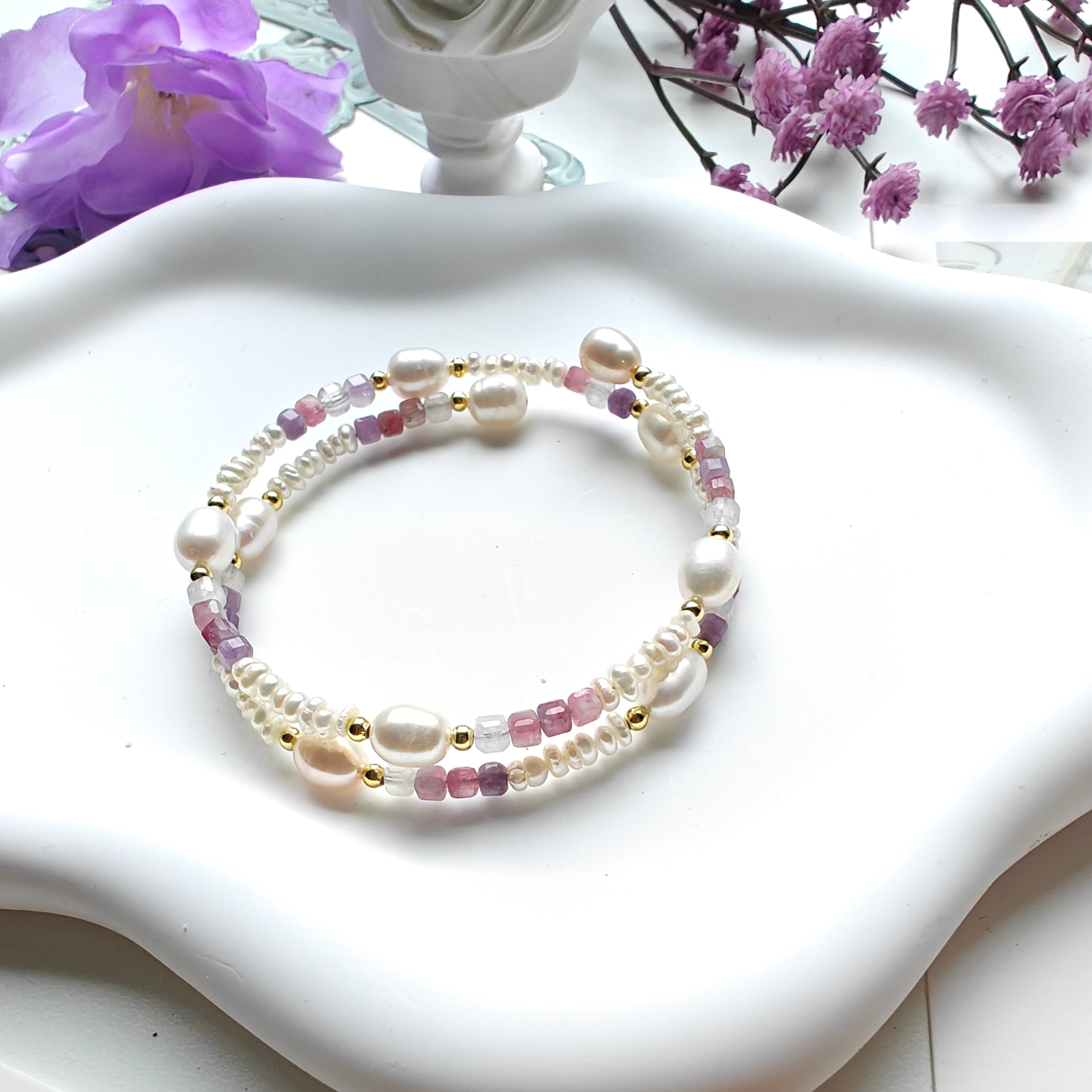 💜 Freshwater Pearl & Amethyst Triple Circle Bracelet | 14K Gold Plated S925 Sterling Silver Memory Wire Bangle