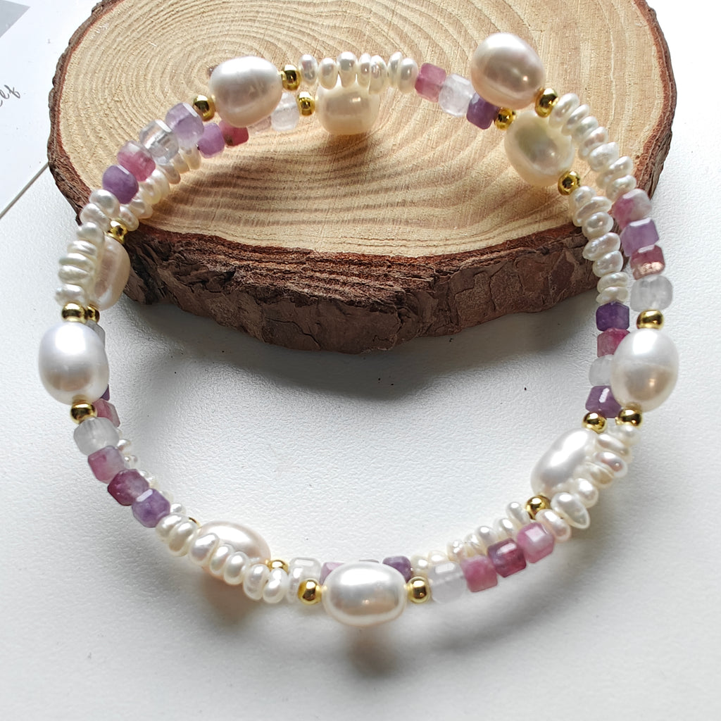 💜 Freshwater Pearl & Amethyst Triple Circle Bracelet | 14K Gold Plated S925 Sterling Silver Memory Wire Bangle