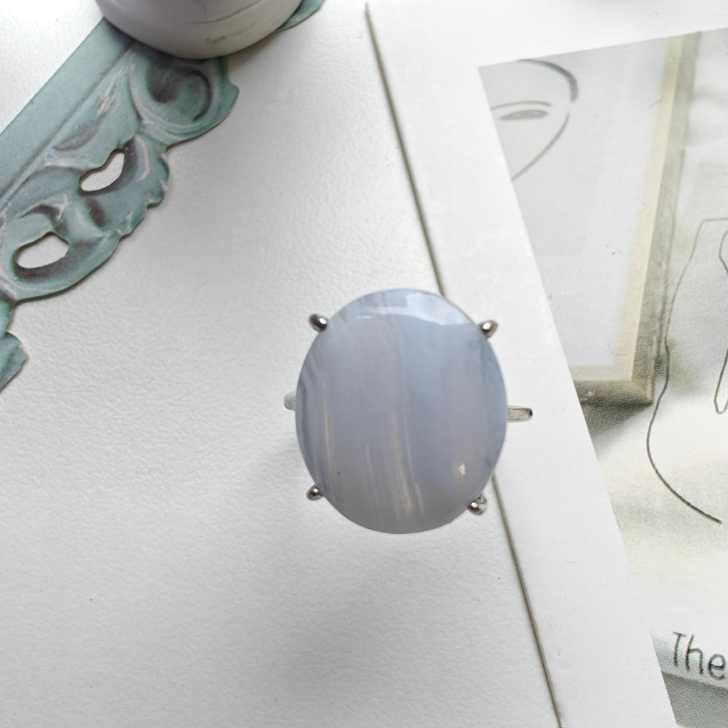 Blue Lace Agate Ring – Adjustable S925 Sterling Silver Ring