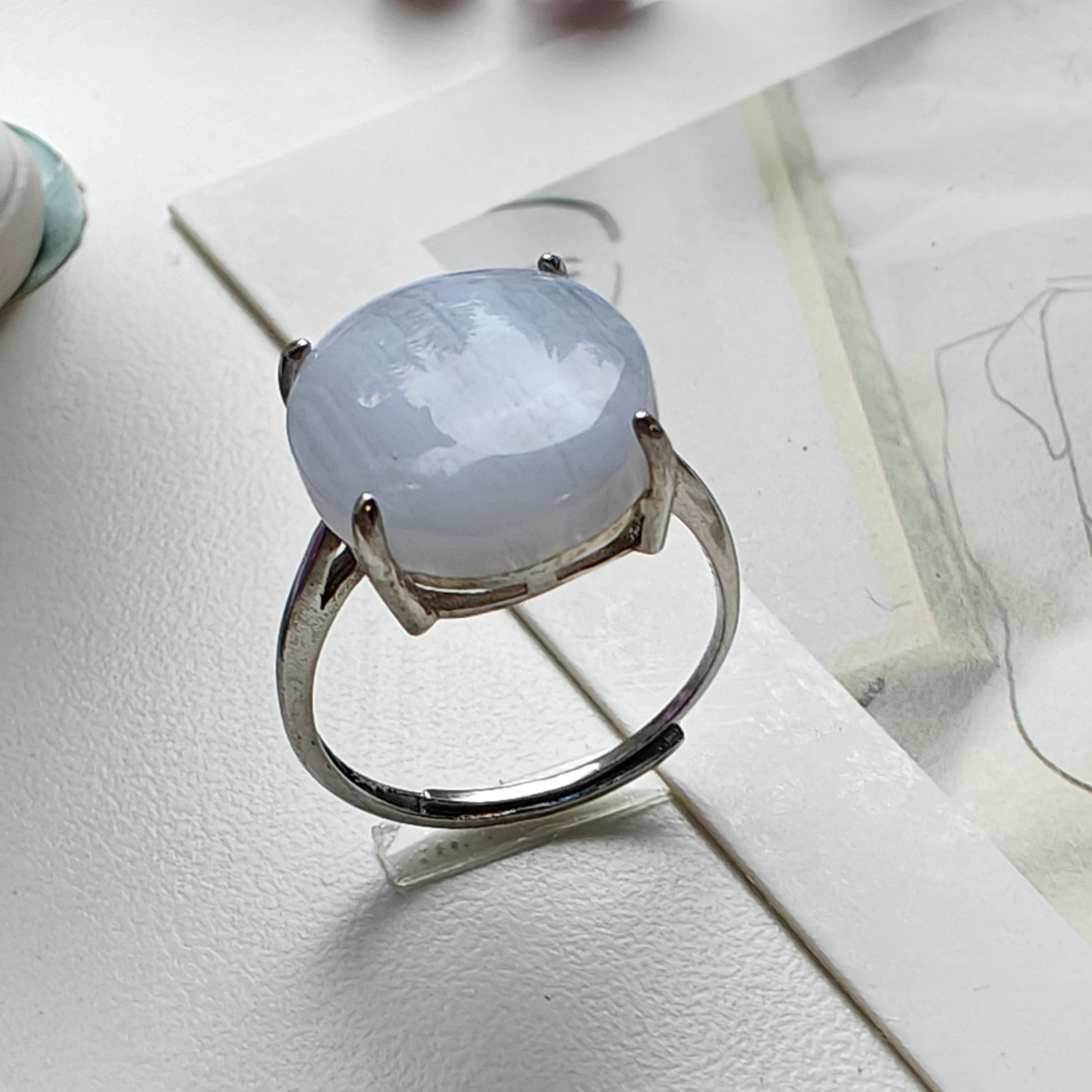Blue Lace Agate Ring – Adjustable S925 Sterling Silver Ring