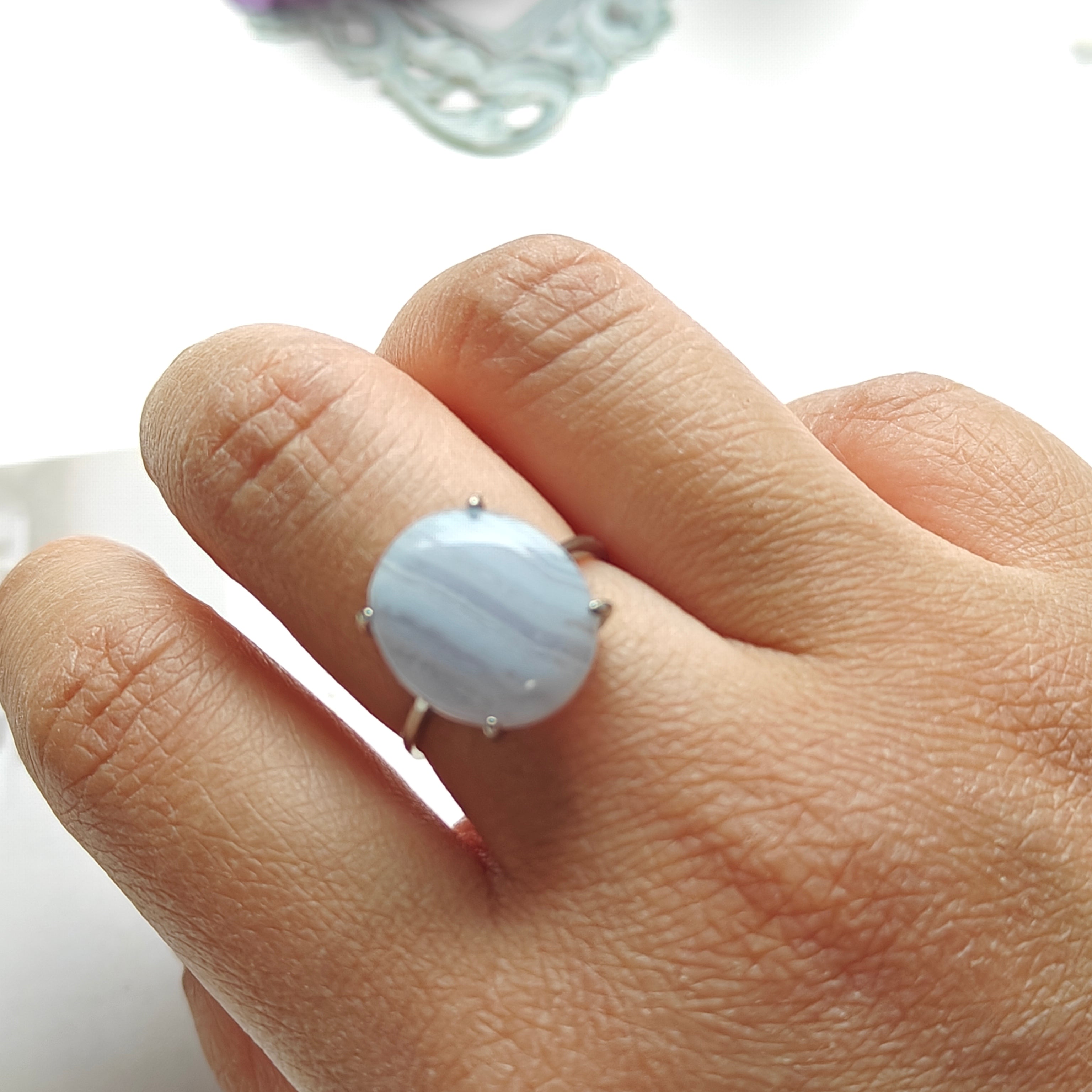 Blue Lace Agate Ring – Adjustable S925 Sterling Silver Ring