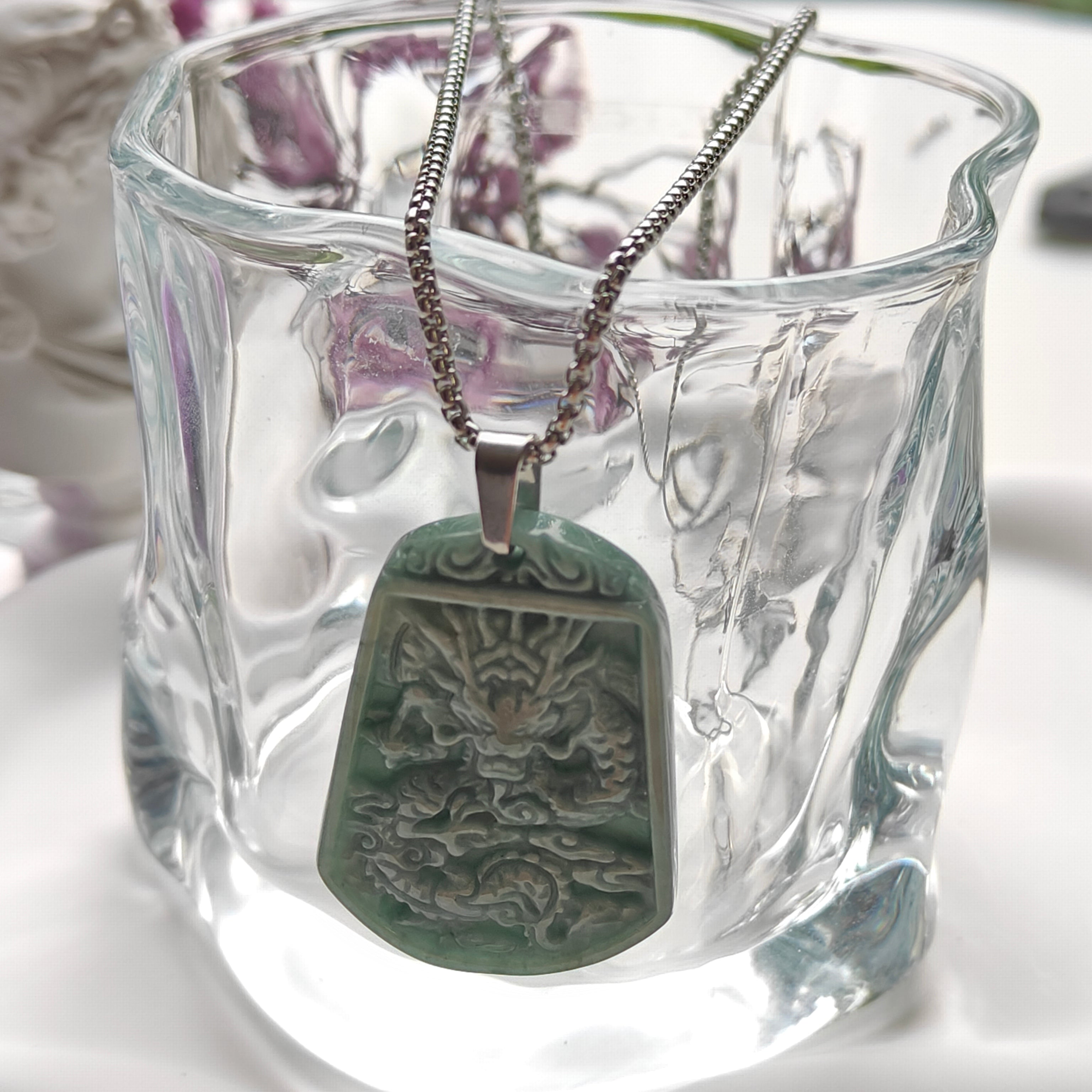 Guatemalan Jadeite Dragon Plaque Necklace – Thick Stainless Steel Chain