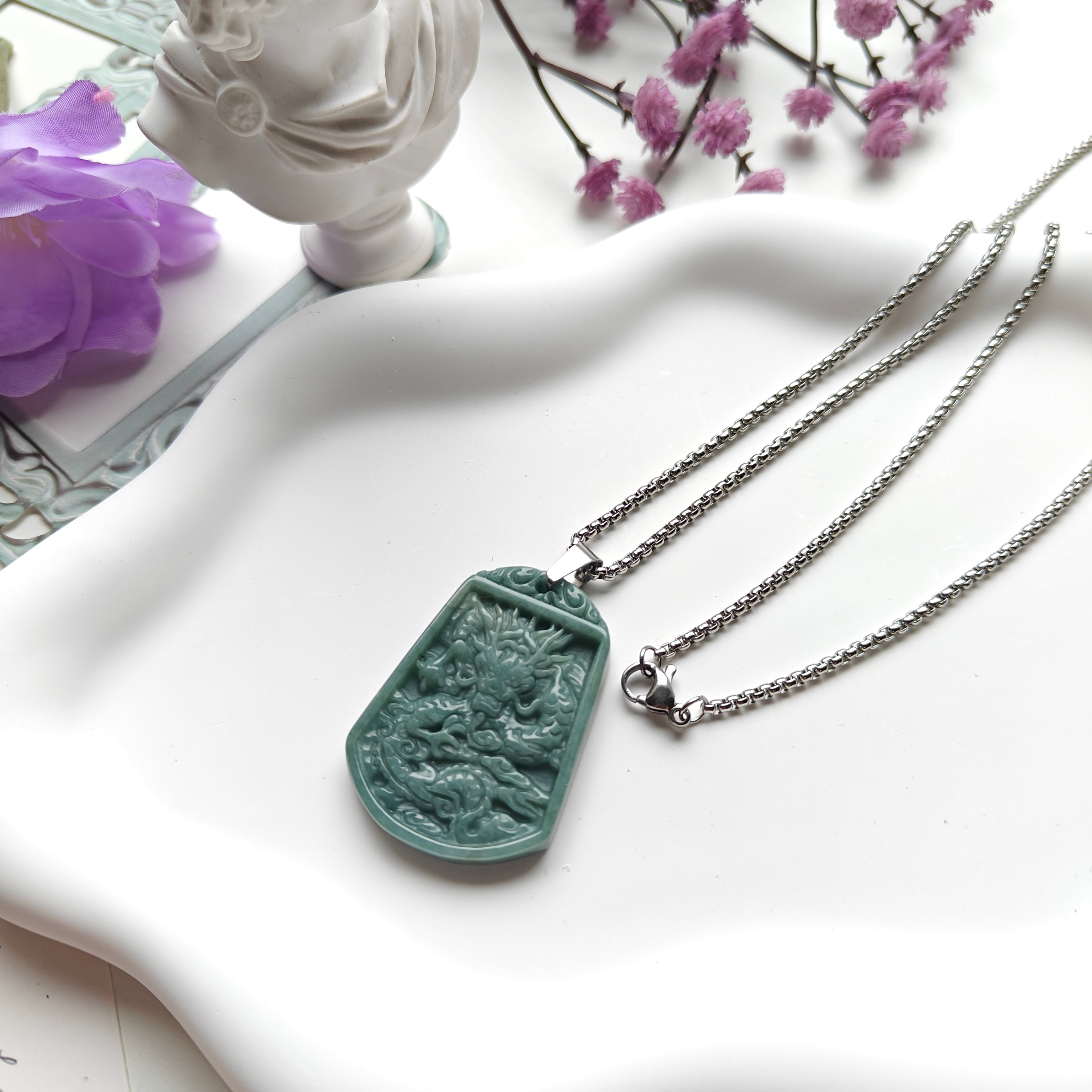 Guatemalan Jadeite Dragon Plaque Necklace – Thick Stainless Steel Chain