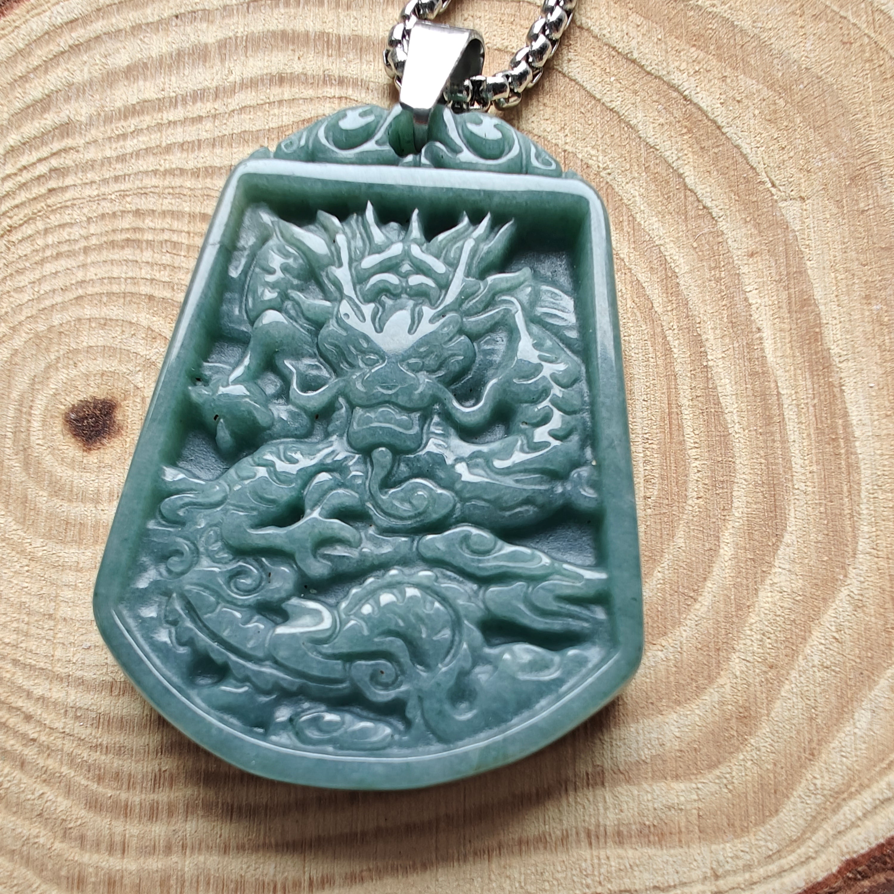 Guatemalan Jadeite Dragon Plaque Necklace – Thick Stainless Steel Chain