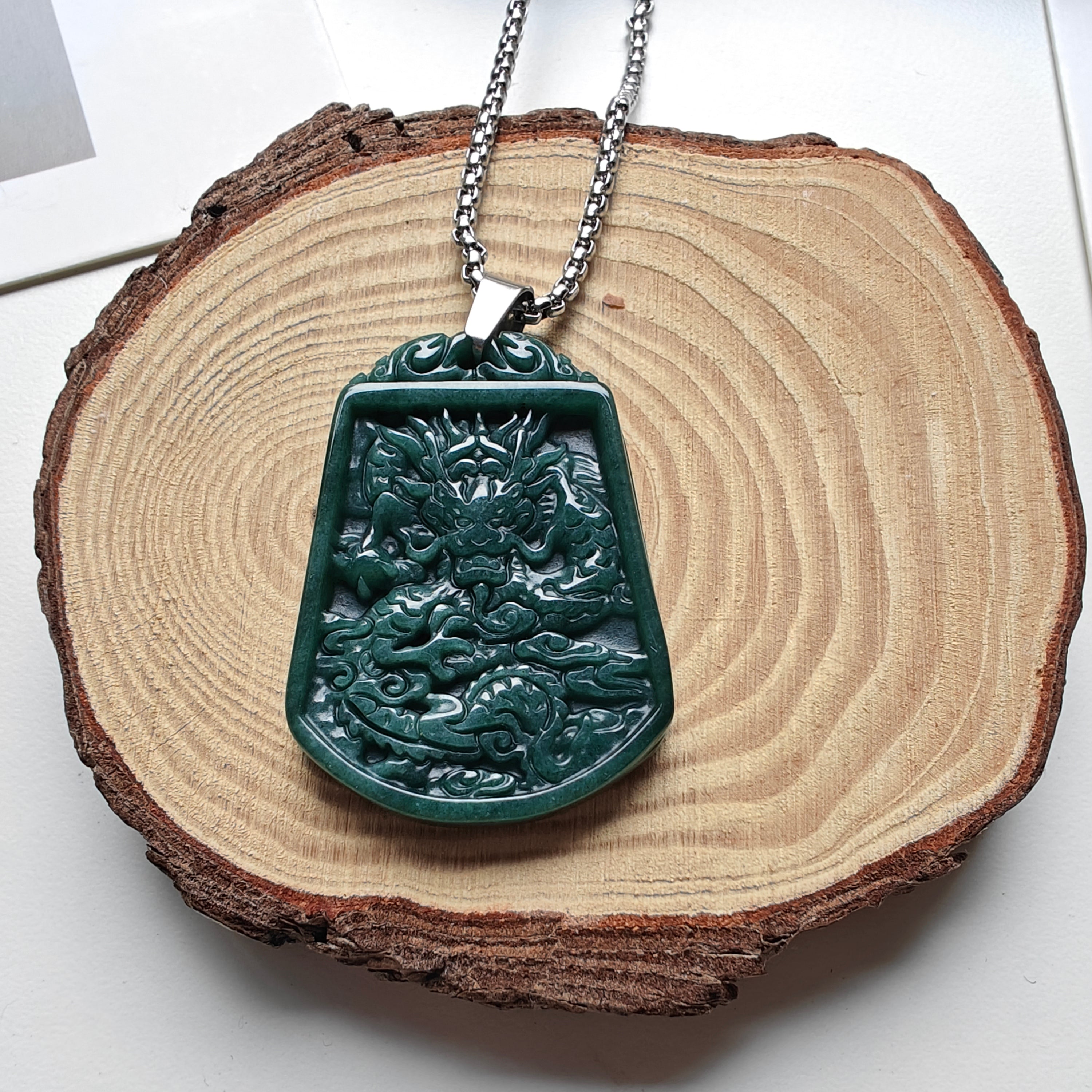 Guatemalan Jadeite Dragon Plaque Necklace – Thick Stainless Steel Chain