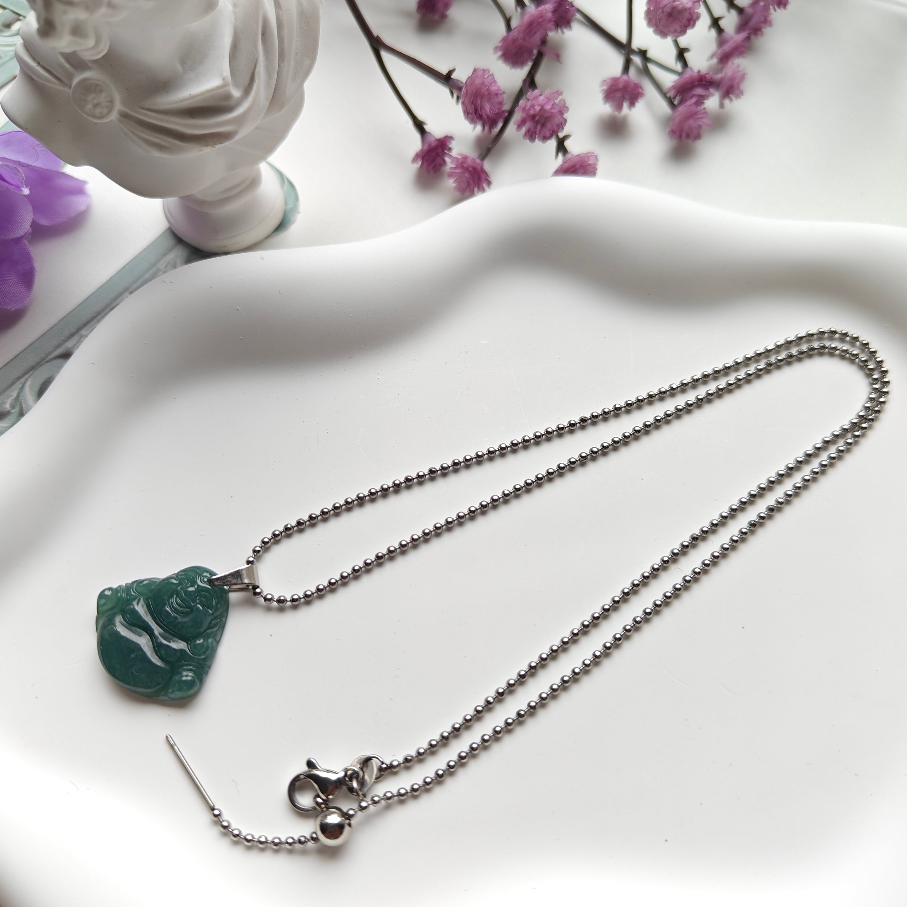 Guatemalan Jadeite Buddha Necklace | Stainless Steel Adjustable Chain | Natural Jade Spiritual Pendant