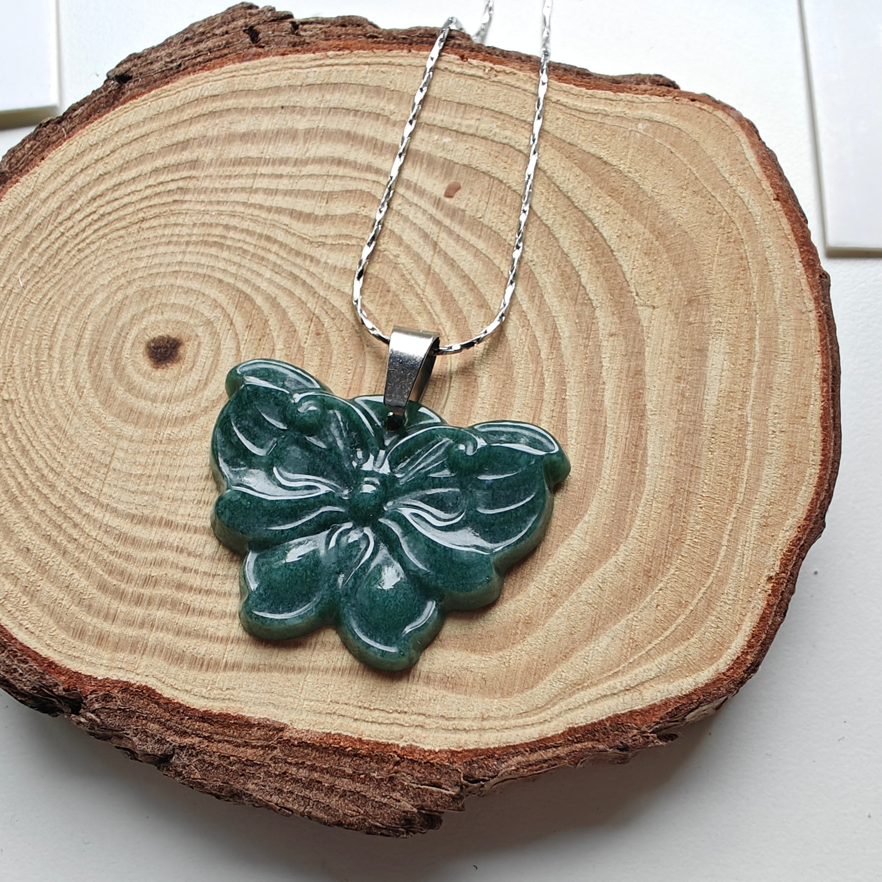 Guatemalan Jadeite Butterfly Necklace – Stainless Steel Chain