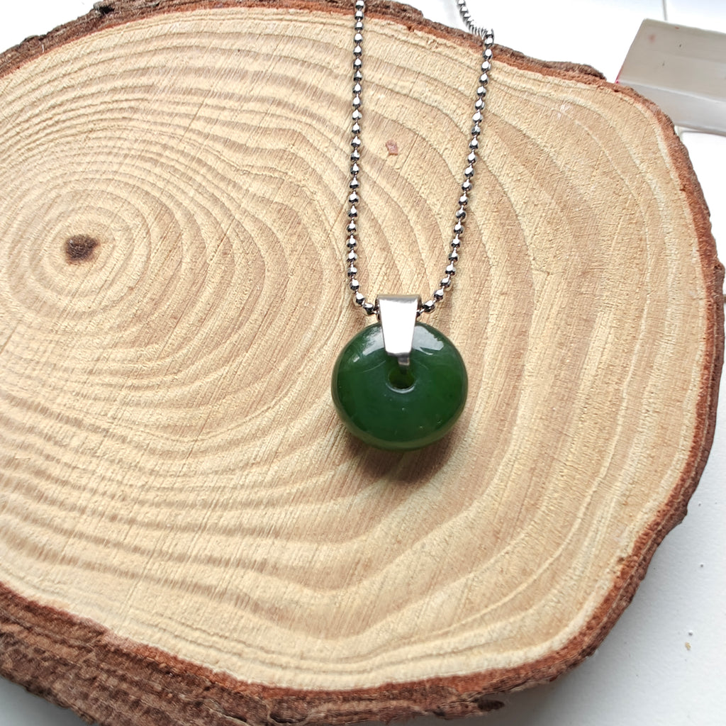 Canadian Nephrite Jade Donut Necklace | Stainless Steel Adjustable Chain | Natural Jade Pendant Jewelry