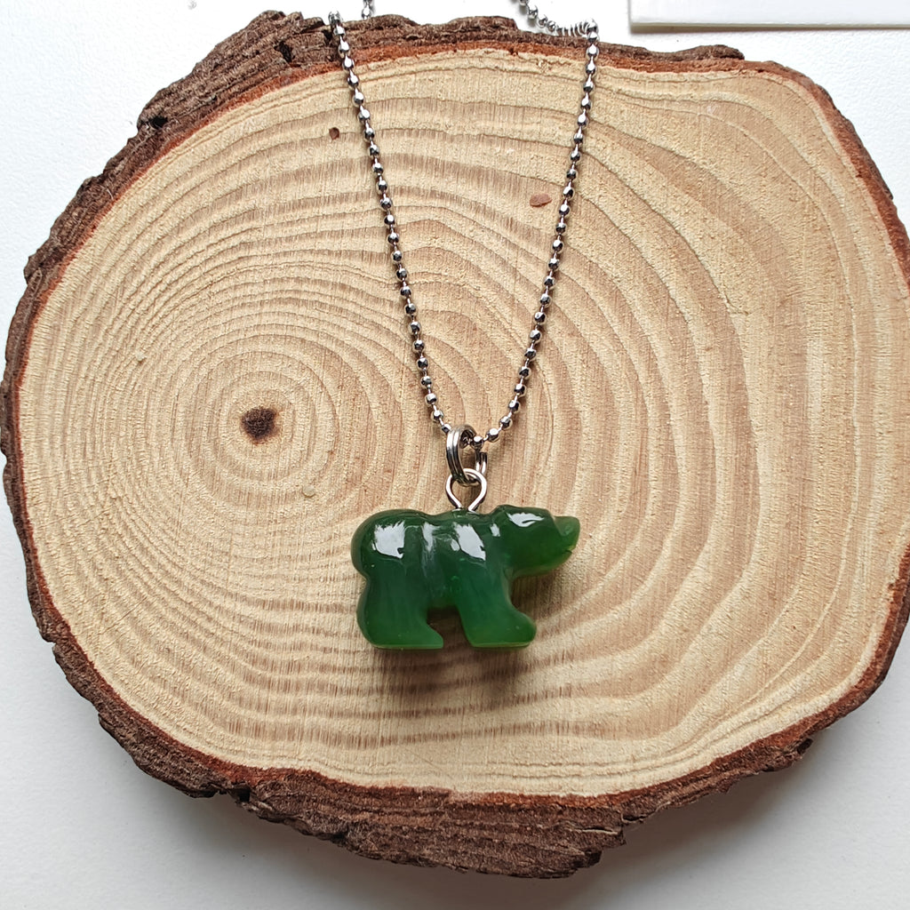Canadian Nephrite Jade Bear Necklace – Adjustable Stainless Steel Chain