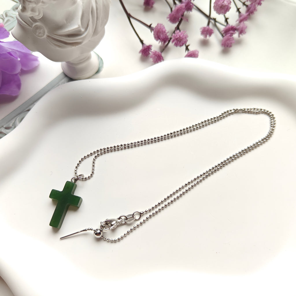 Canadian Nephrite Jade Cross Necklace | Stainless Steel Adjustable Chain | Natural Jade Faith Pendant