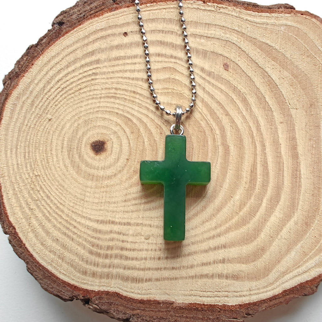 Canadian Nephrite Jade Cross Necklace | Stainless Steel Adjustable Chain | Natural Jade Faith Pendant