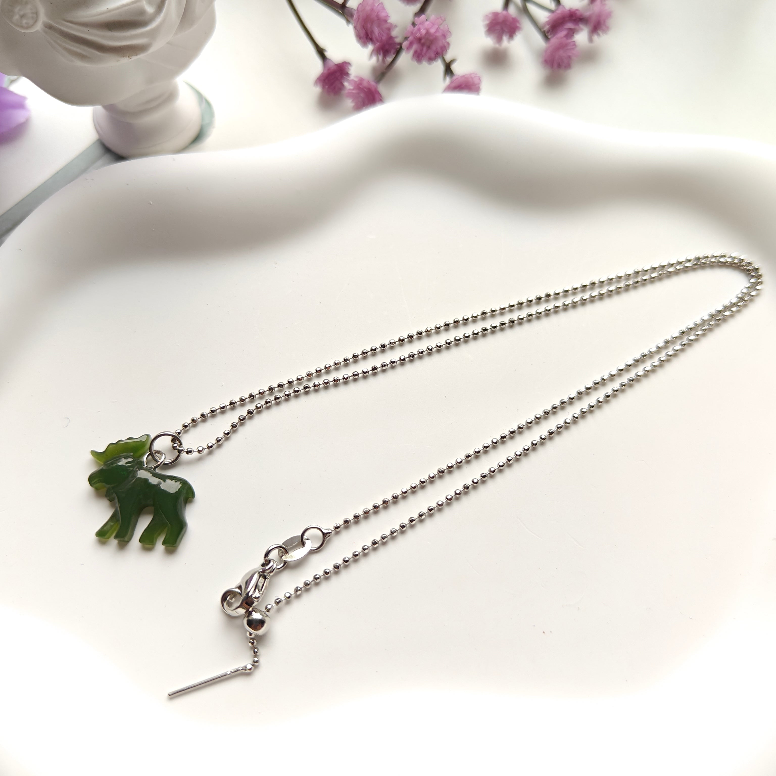 Canadian Nephrite Jade Moose Necklace – Adjustable Stainless Steel Chain