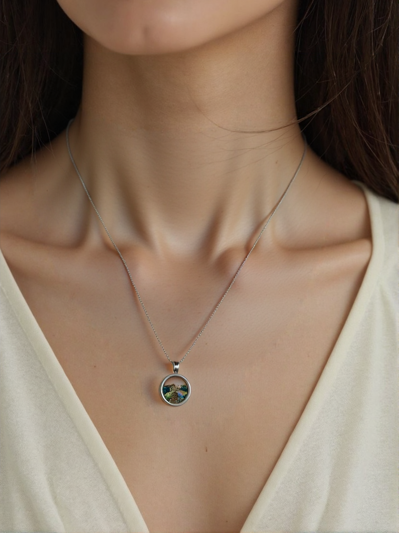 Stainless Steel Memory Pendant Necklace | Round Screw-Open Container Necklace with Tourmaline Chips