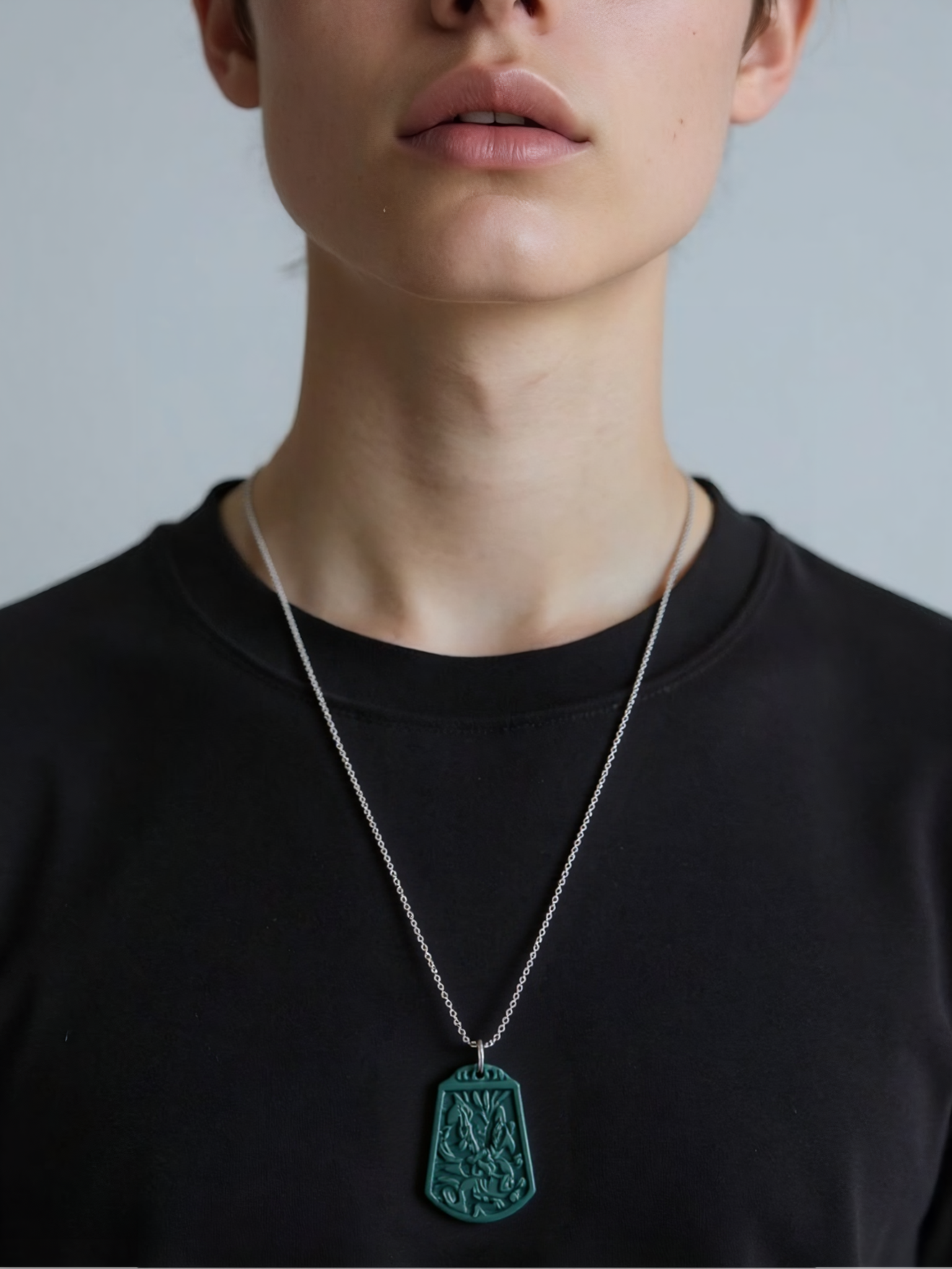 Guatemalan Jadeite Dragon Plaque Necklace – Thick Stainless Steel Chain
