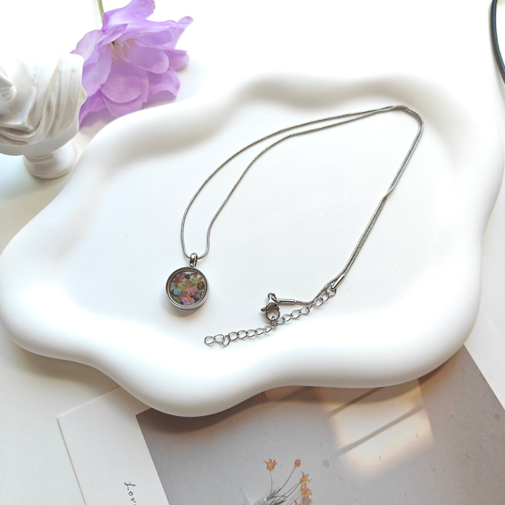 Stainless Steel Memory Pendant Necklace | Round Screw-Open Container Necklace with Tourmaline Chips
