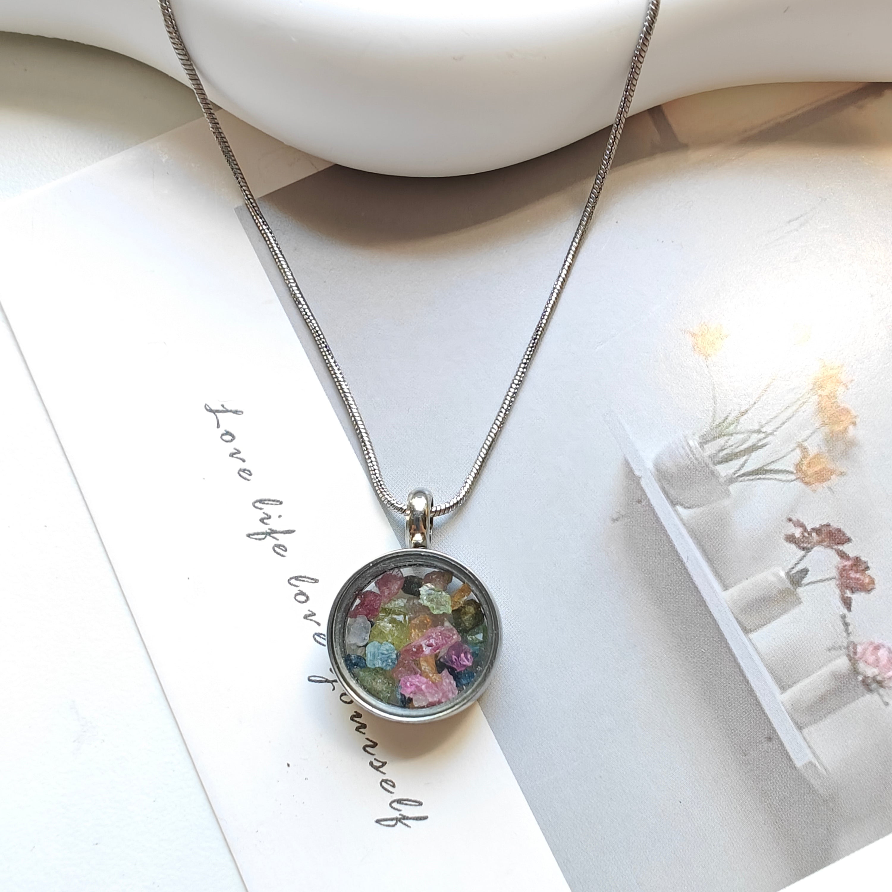 Stainless Steel Memory Pendant Necklace | Round Screw-Open Container Necklace with Tourmaline Chips