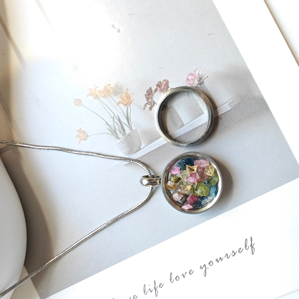 Stainless Steel Memory Pendant Necklace | Round Screw-Open Container Necklace with Tourmaline Chips