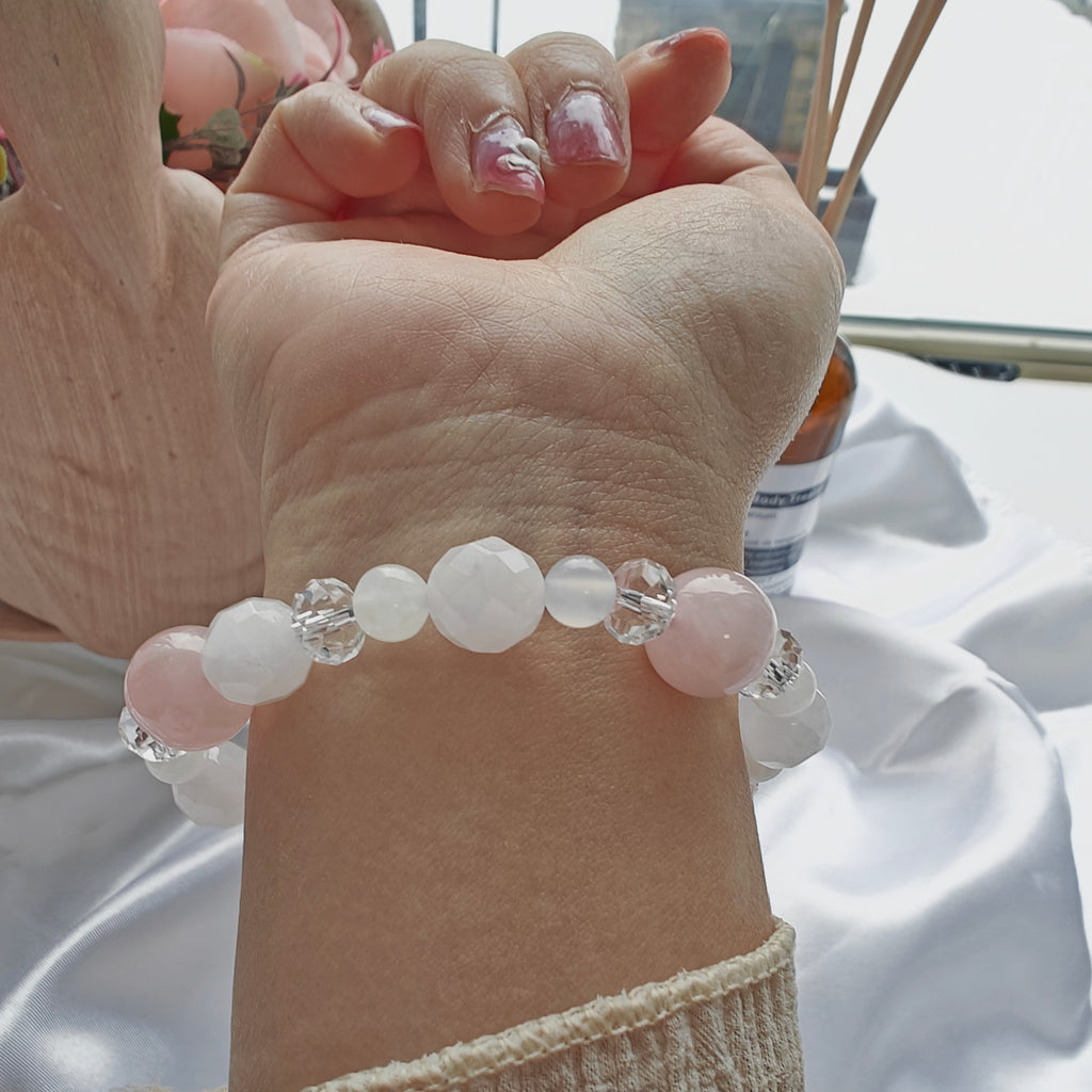 Rose Quartz & Clear Quartz Stretchy Bracelet — Diamond-Cut Shine, Soft Pink Elegance (16 cm / 6.3 in)