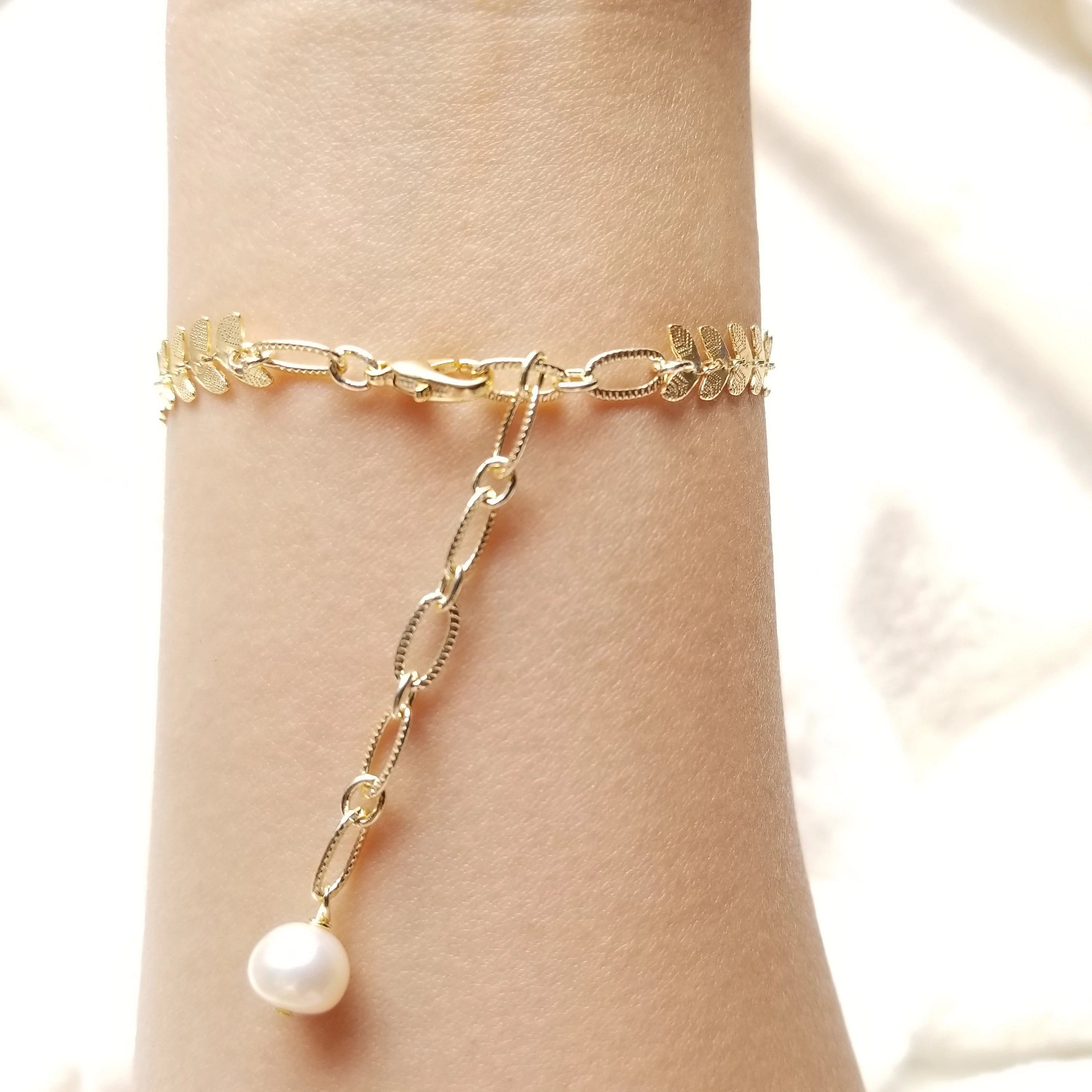Dainty Fresh Water Pearl Bracelet with Gold Accents, Minimalist Pearl Bracelet, Bridal Jewelry, Olive Branch Bracelet, Holiday Gift