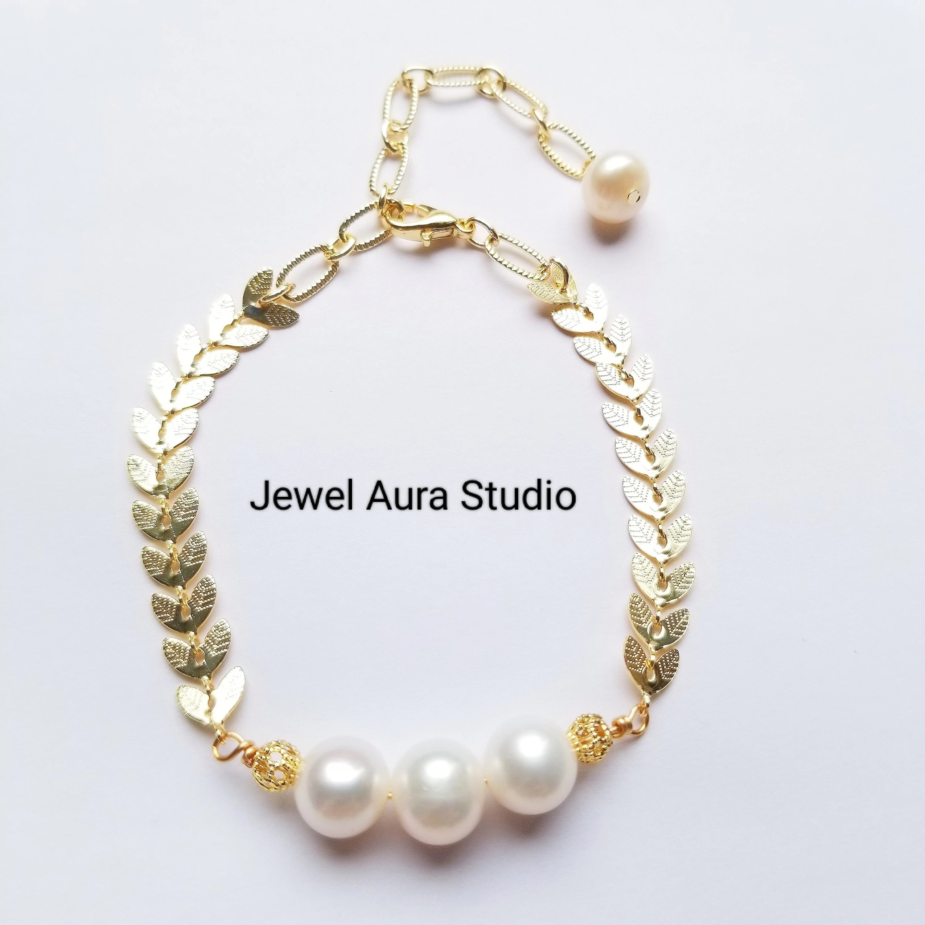 Dainty Fresh Water Pearl Bracelet with Gold Accents, Minimalist Pearl Bracelet, Bridal Jewelry, Olive Branch Bracelet, Holiday Gift