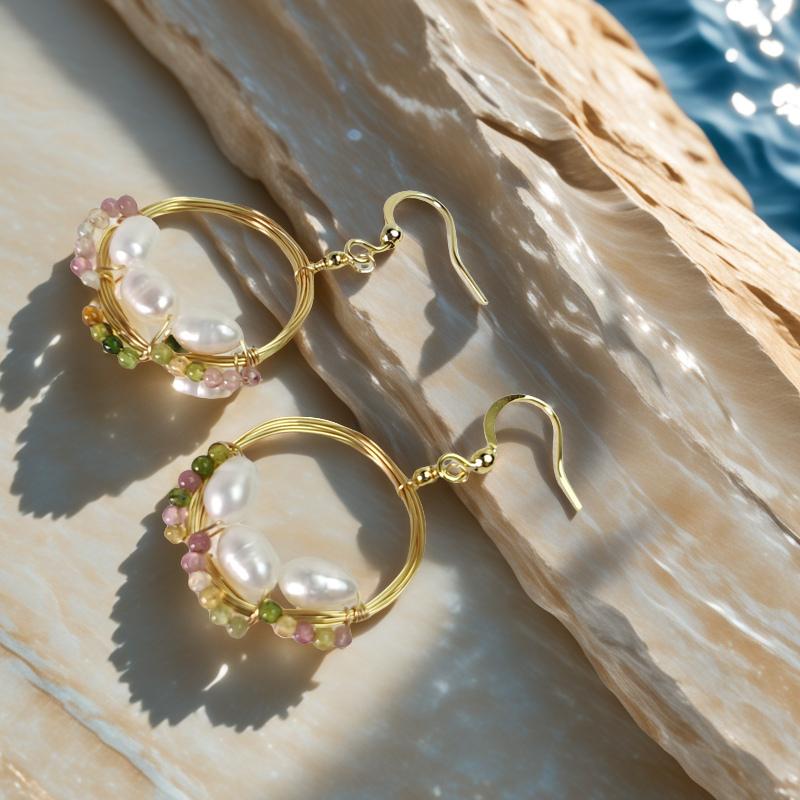 Freshwater Pearl Earrings, Tourmaline Gemstone, Gold S925 Sterling Silver Post