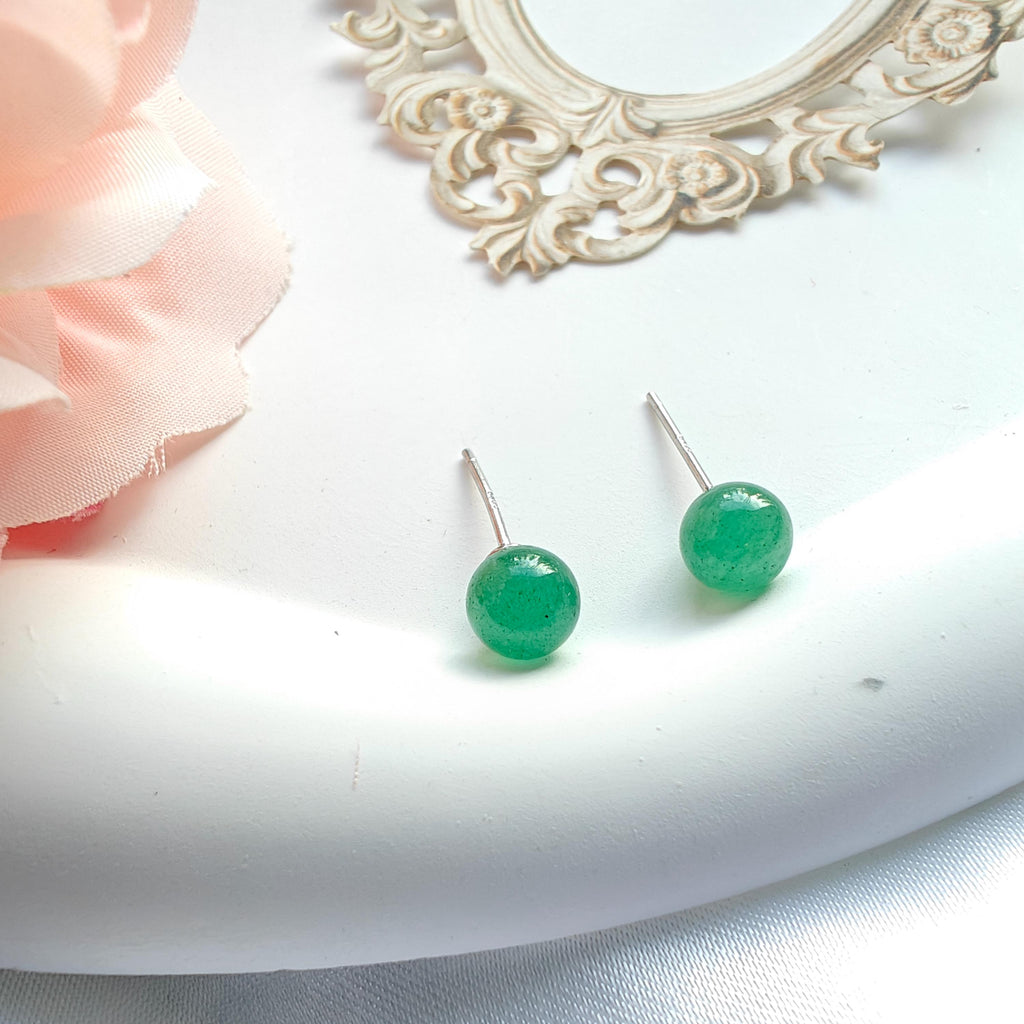 Green Strawberry Quartz Earrings Sterling Silver | 6.5mm Round Gemstone Studs | Hypoallergenic S925 Silver Earrings
