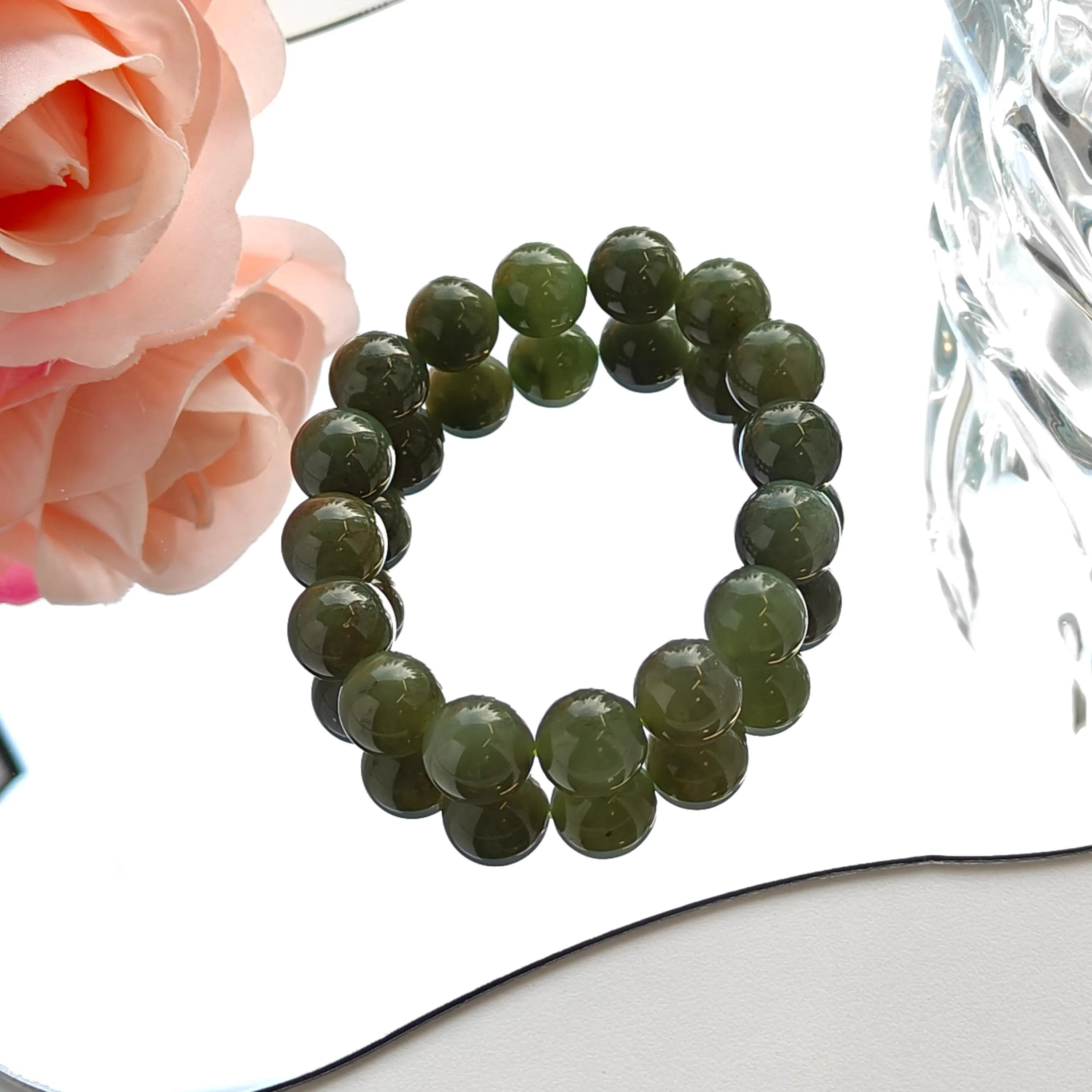 Green Jade Bracelet 12mm | Natural Jade Stretch Bracelet | Handmade Gemstone Jewelry | Good Luck Jade Bracelet Gift