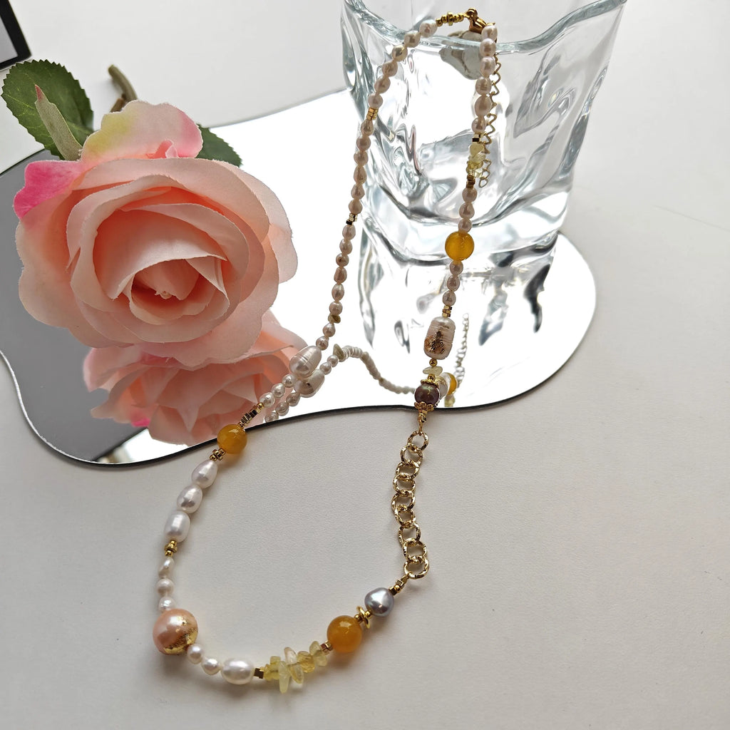 Freshwater Pearl Necklace | Multi-Color Pearl Beads | Gold Plated Brass Chain | Adjustable 45–50cm | Handmade Gemstone Jewelry