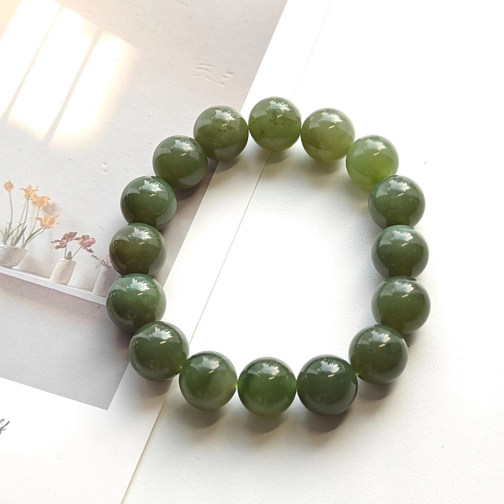 Green Jade Bracelet 12mm | Natural Jade Stretch Bracelet | Handmade Gemstone Jewelry | Good Luck Jade Bracelet Gift